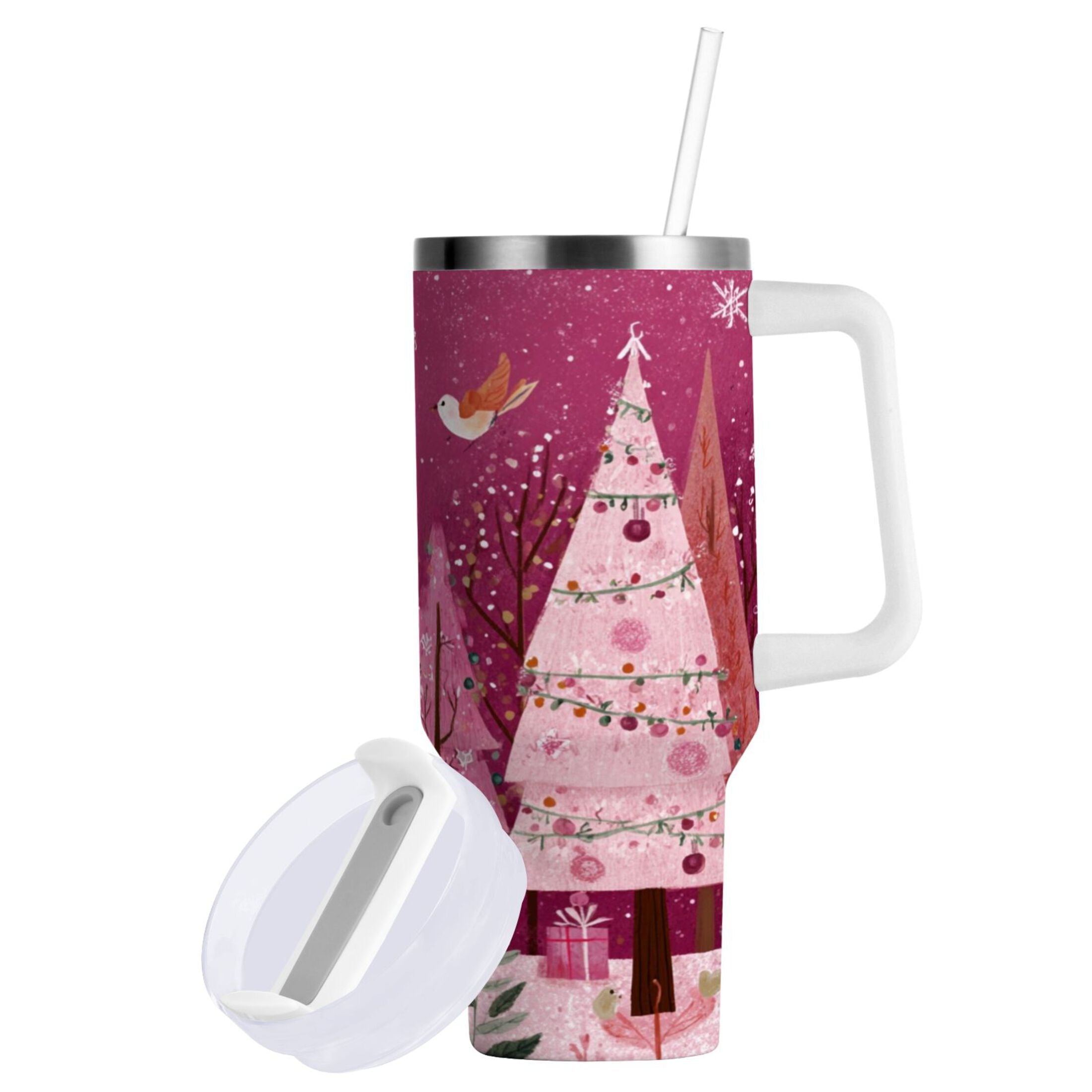 40 oz Insulated Stainless Steel Tumbler Double Wall Stainless Steel Tumbler with 2-Way Drinking Pink Christmas Forest M512P