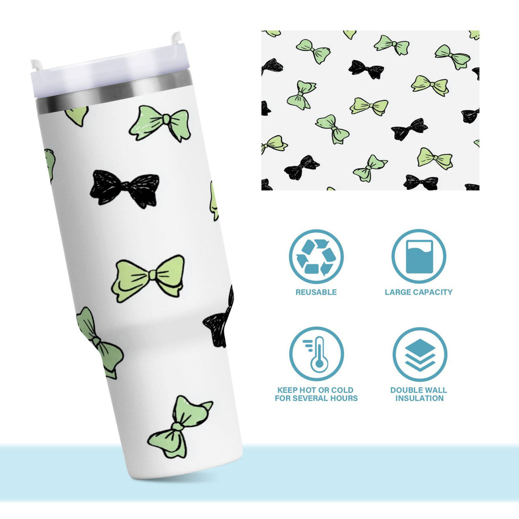 40 oz Insulated Stainless Steel Tumbler Double Wall Stainless Steel Tumbler with 2-Way Drinking Green and Black Bows M553F