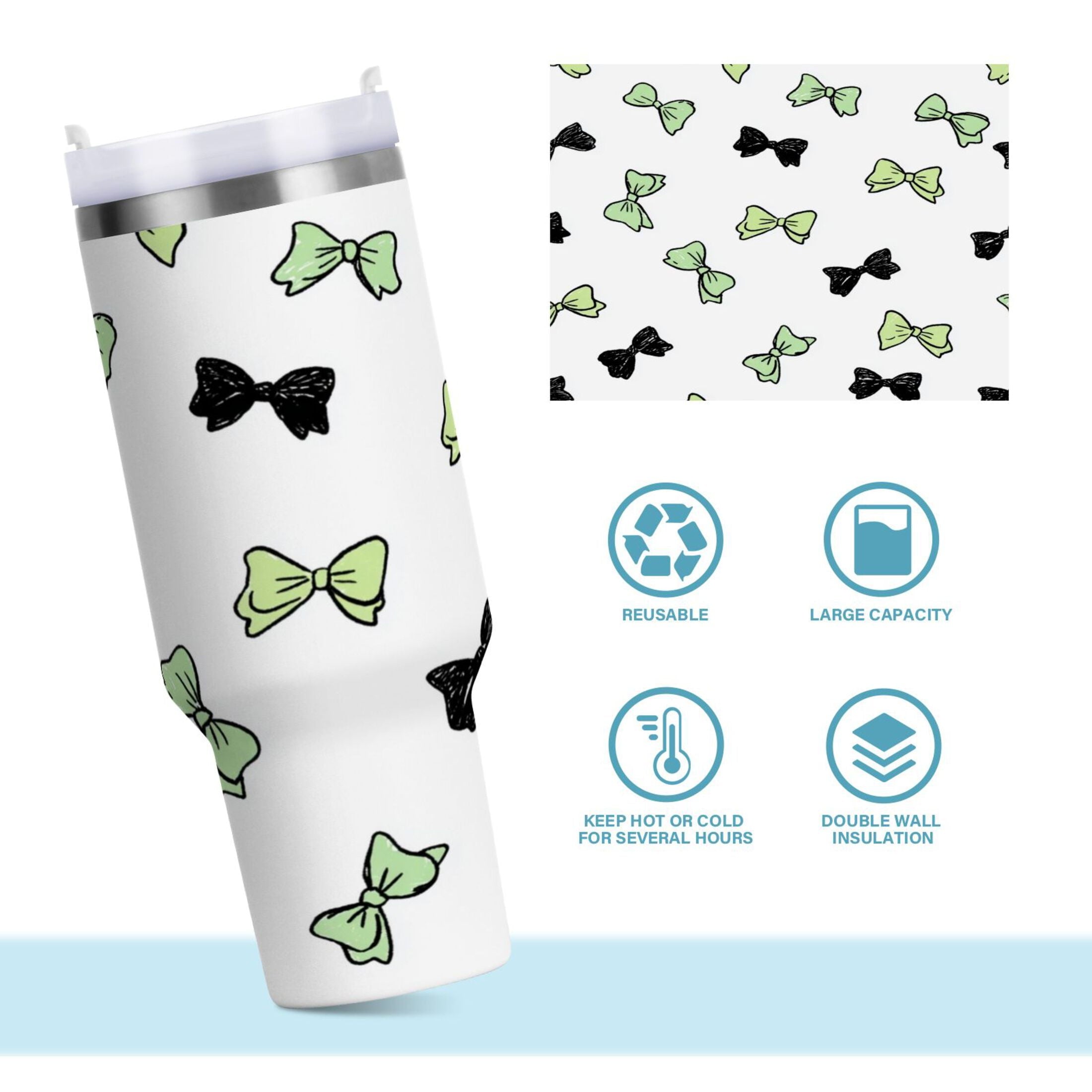 40 oz Insulated Stainless Steel Tumbler Double Wall Stainless Steel Tumbler with 2-Way Drinking Green and Black Bows M553F