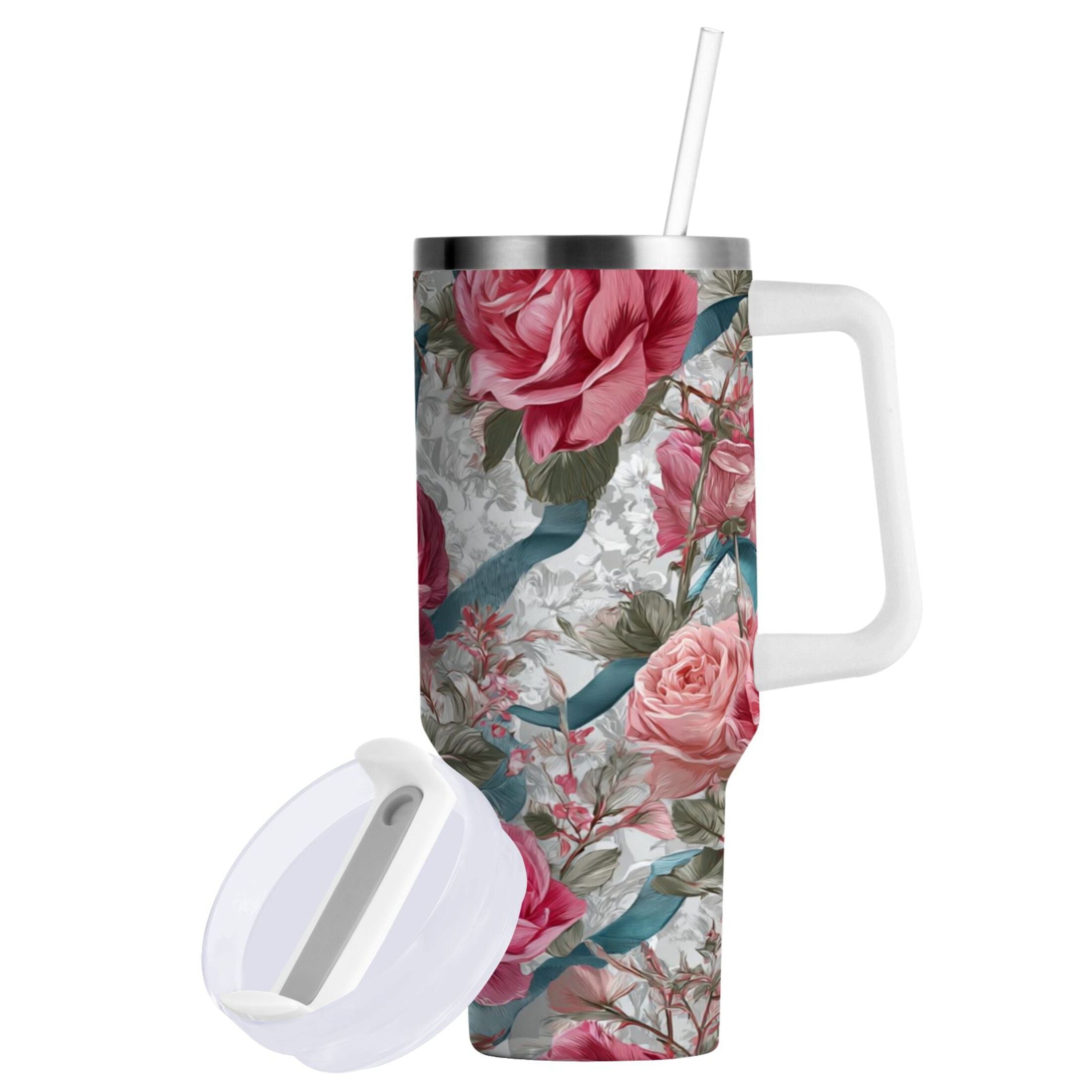 30 oz Insulated Stainless Steel Tumbler Double Wall Stainless Steel Tumbler with 2-Way Drinking Roses and Ribbons M675E