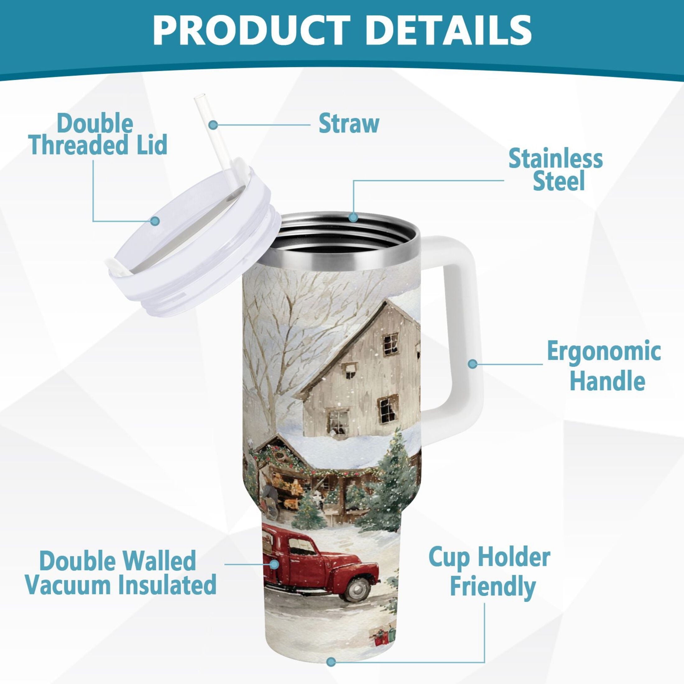 40 oz Insulated Stainless Steel Tumbler Double Wall Stainless Steel Tumbler with 2-Way Drinking Farm Snow Scene M645P