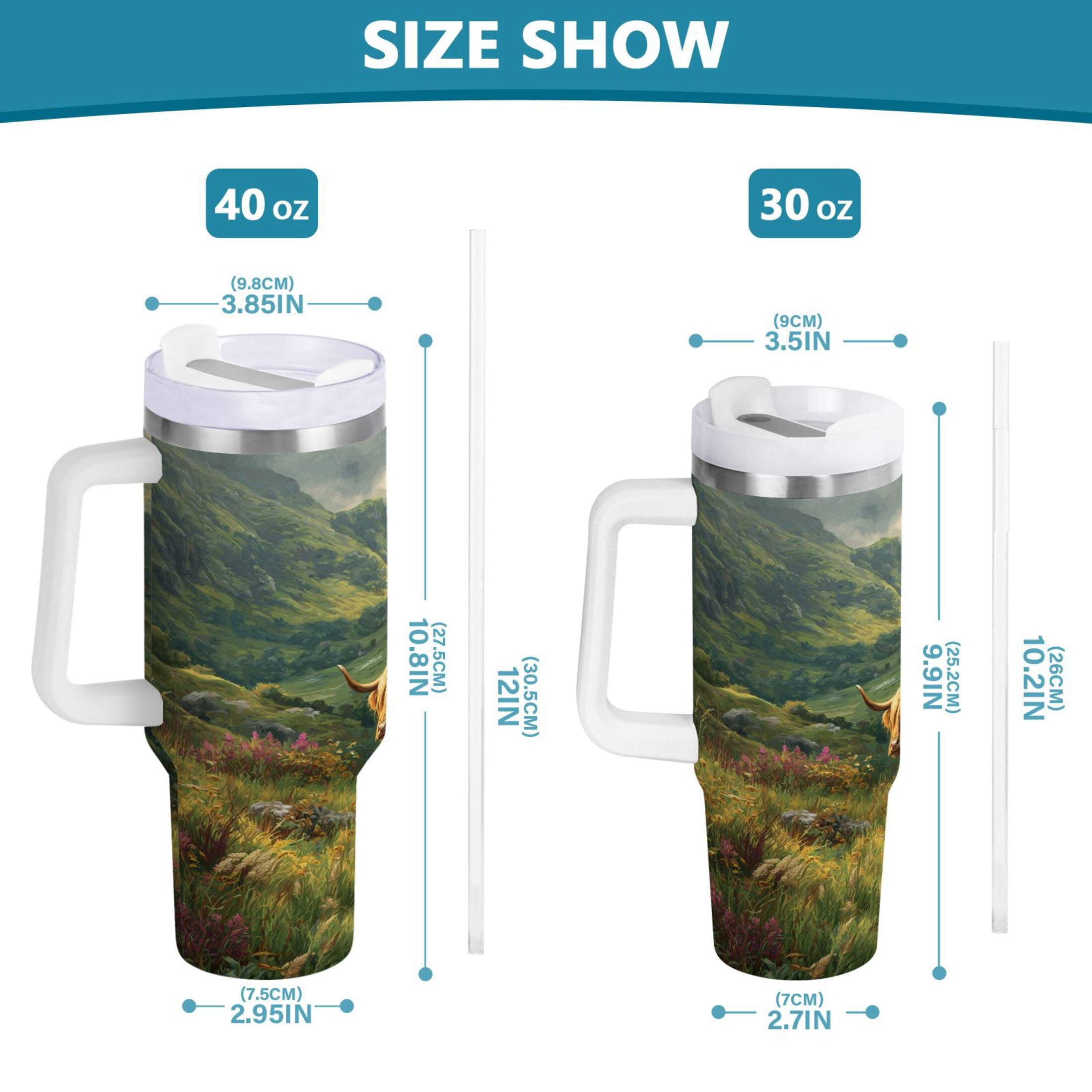 30 oz Insulated Stainless Steel Tumbler Double Wall Stainless Steel Tumbler with 2-Way Drinking Cow in Green Rolling Hills M586Q