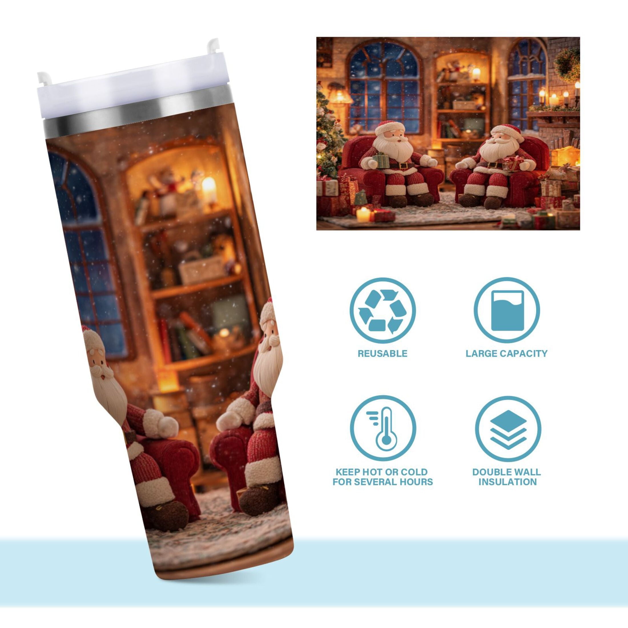 40 oz Insulated Stainless Steel Tumbler Double Wall Stainless Steel Tumbler with 2-Way Drinking Sitting Santa Claus M635Z