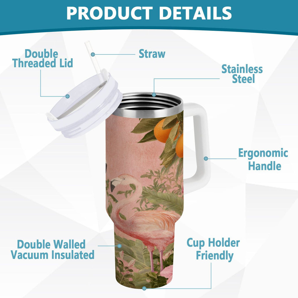 40 oz Insulated Stainless Steel Tumbler Double Wall Stainless Steel Tumbler with 2-Way Drinking Flamingos in Tropical Garden M666D