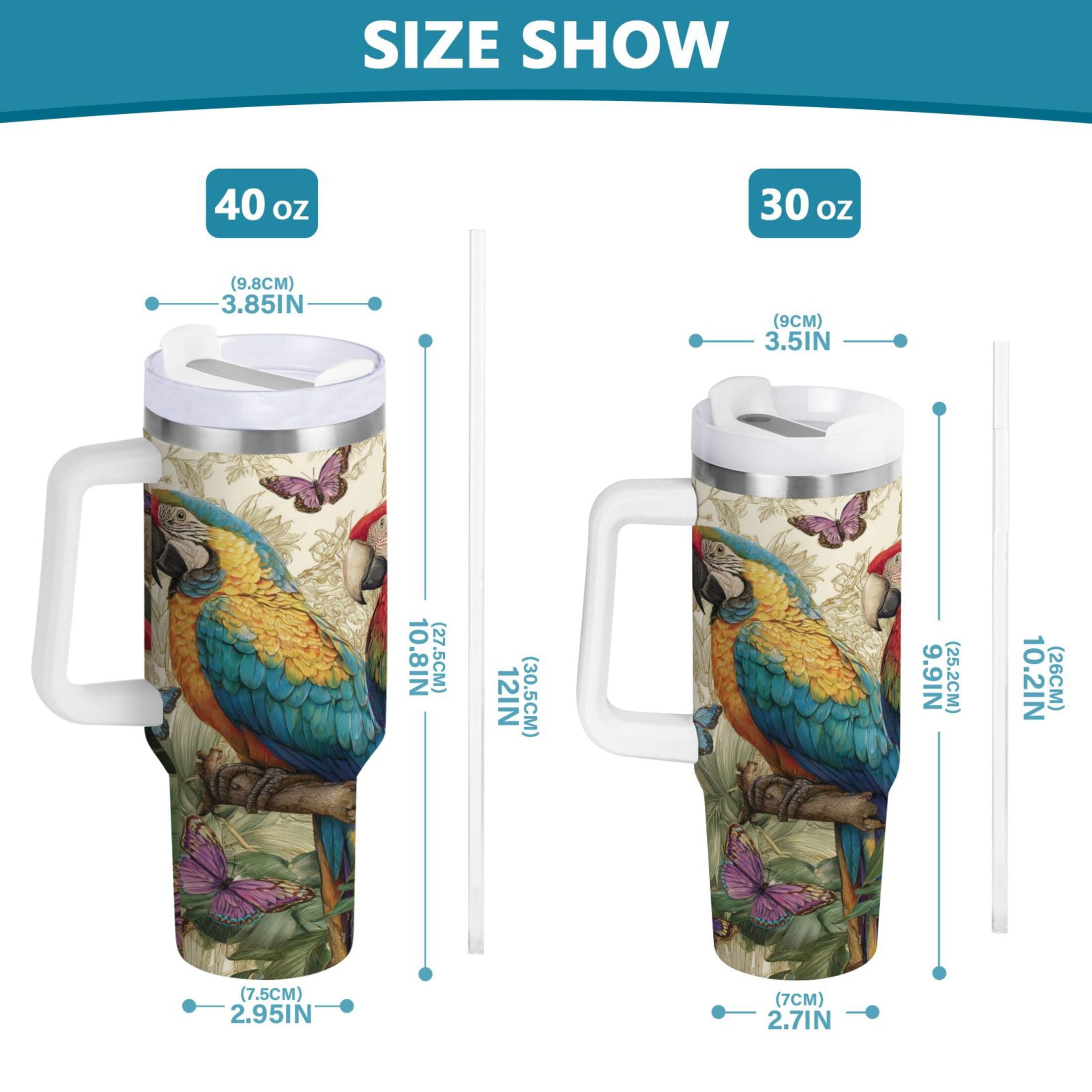 30 oz Insulated Stainless Steel Tumbler Double Wall Stainless Steel Tumbler with 2-Way Drinking Colorful Beautiful Parrots M520C