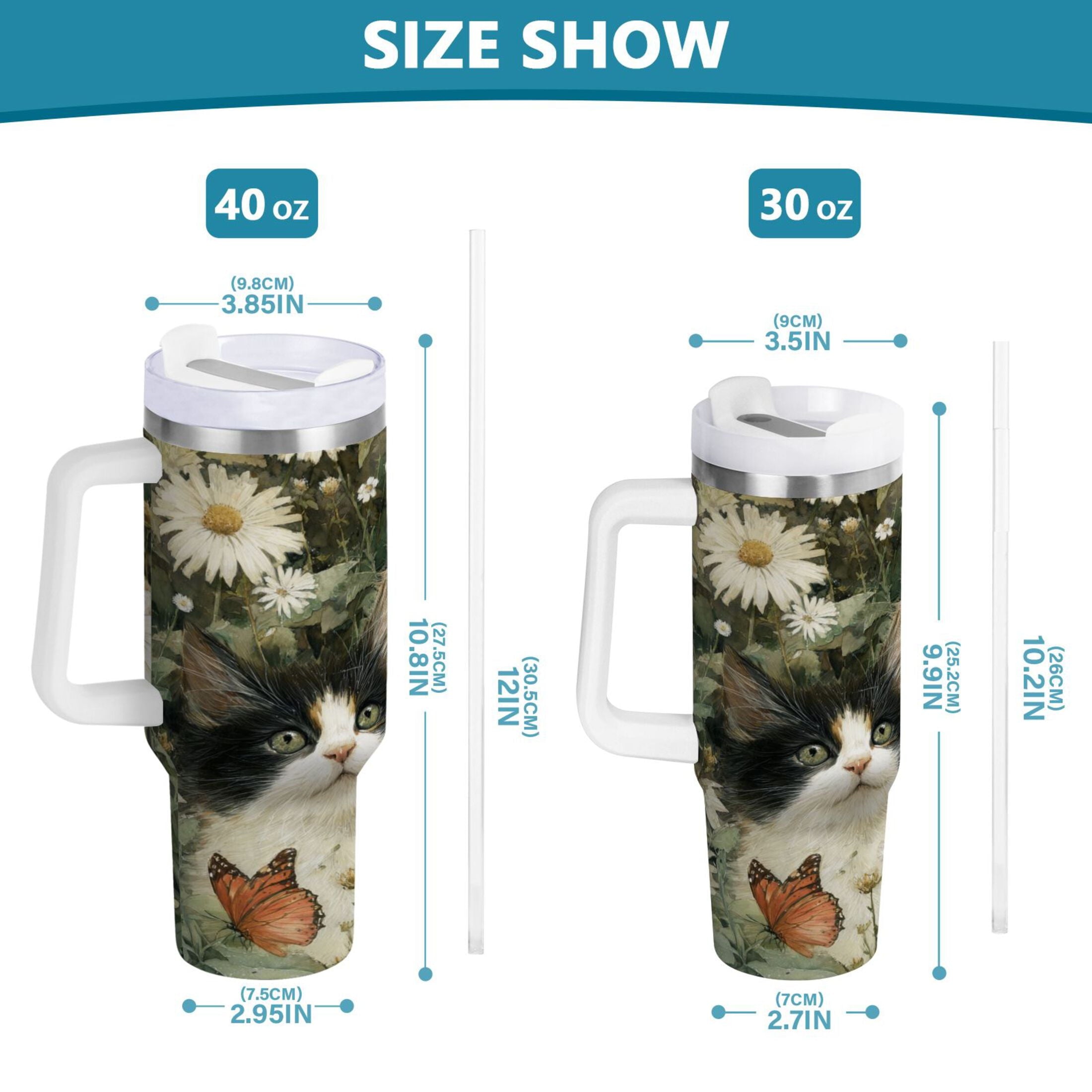30 oz Insulated Stainless Steel Tumbler Double Wall Stainless Steel Tumbler with 2-Way Drinking Adorable Cats and Daisies M602F