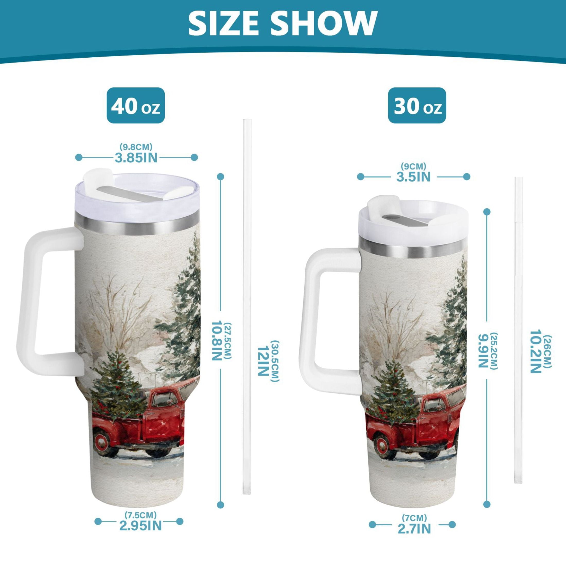 30 oz Insulated Stainless Steel Tumbler Double Wall Stainless Steel Tumbler with 2-Way Drinking Truck with Christmas Decorations M657B