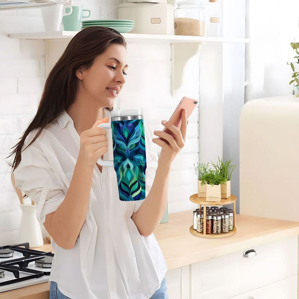40 oz Insulated Stainless Steel Tumbler Double Wall Stainless Steel Tumbler with 2-Way Drinking Elegant Blue Abstract Shapes M609Q