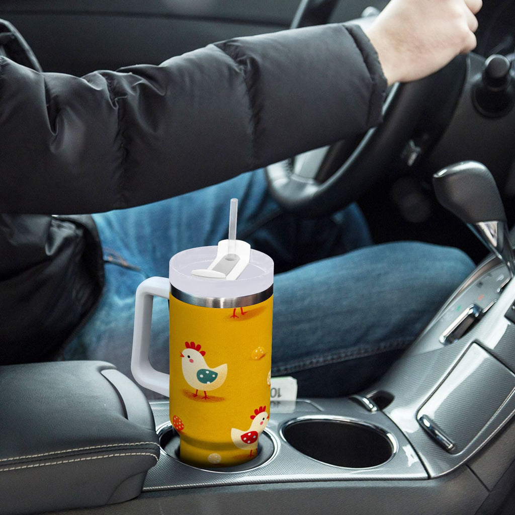 30 oz Insulated Stainless Steel Tumbler Double Wall Stainless Steel Tumbler with 2-Way Drinking Cartoon Chickens Pattern M551C
