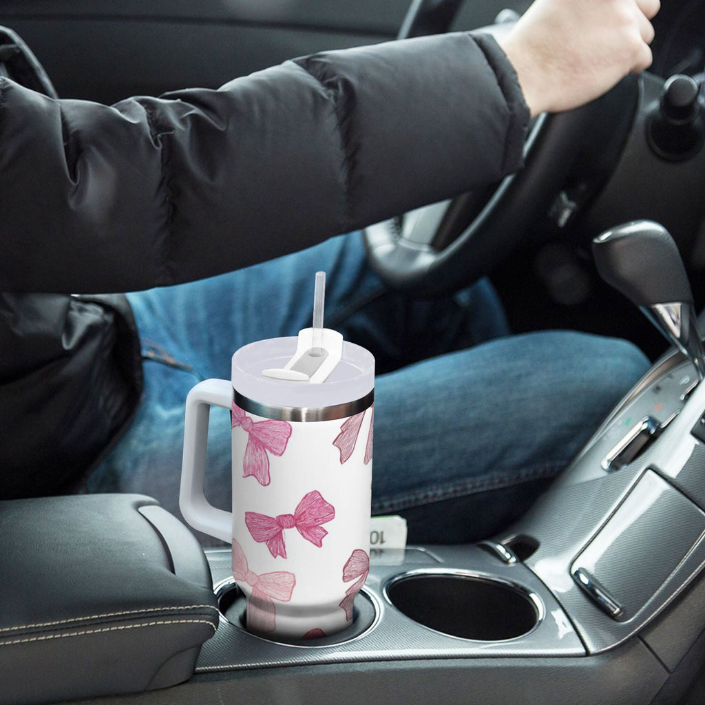 40 oz Insulated Stainless Steel Tumbler Double Wall Stainless Steel Tumbler with 2-Way Drinking Pink Bows Pattern M570V