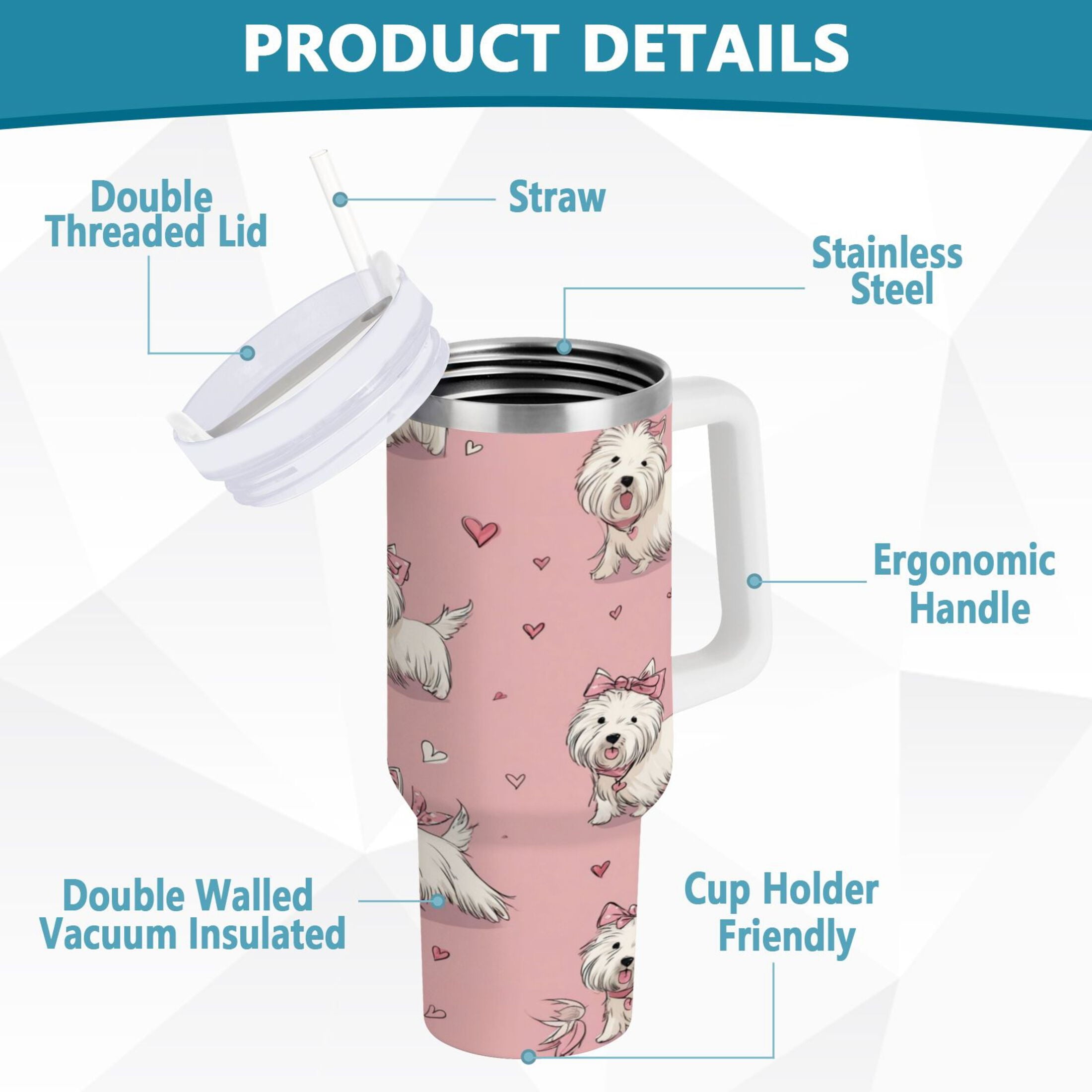 30 oz Insulated Stainless Steel Tumbler Double Wall Stainless Steel Tumbler with 2-Way Drinking Dogs Wearing Bows M659W