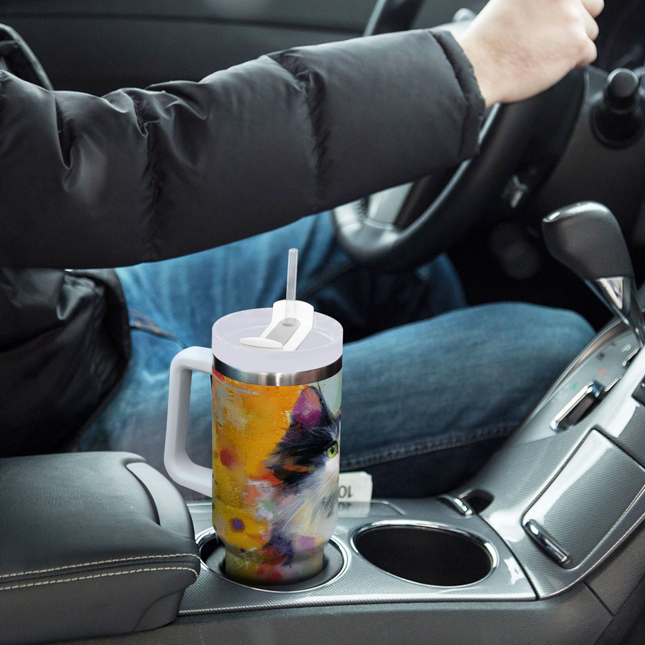 30 oz Insulated Stainless Steel Tumbler Double Wall Stainless Steel Tumbler with 2-Way Drinking Charming Hairy Cat M672P