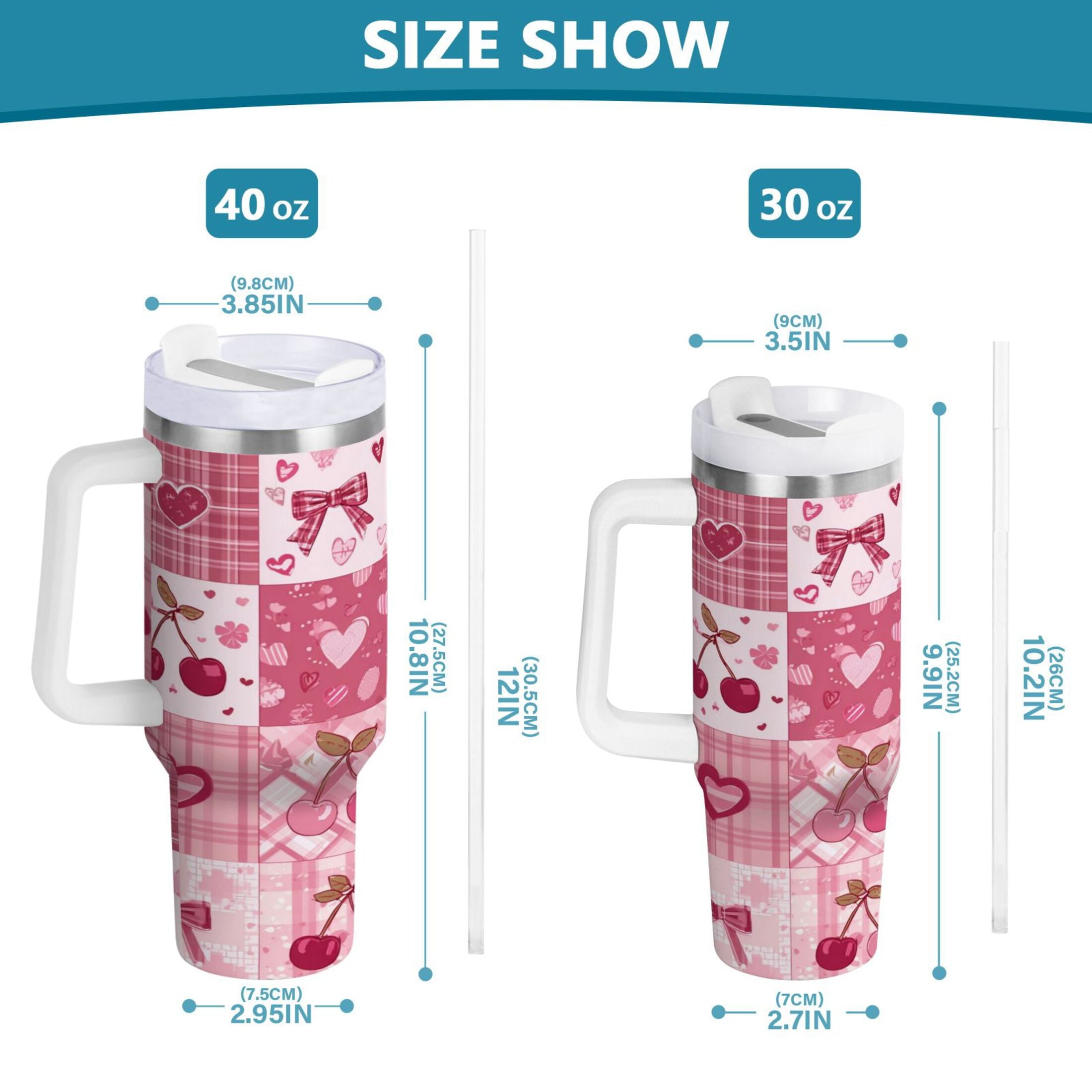 30 oz Insulated Stainless Steel Tumbler Double Wall Stainless Steel Tumbler with 2-Way Drinking Cherry Pattern with Bows M634Q