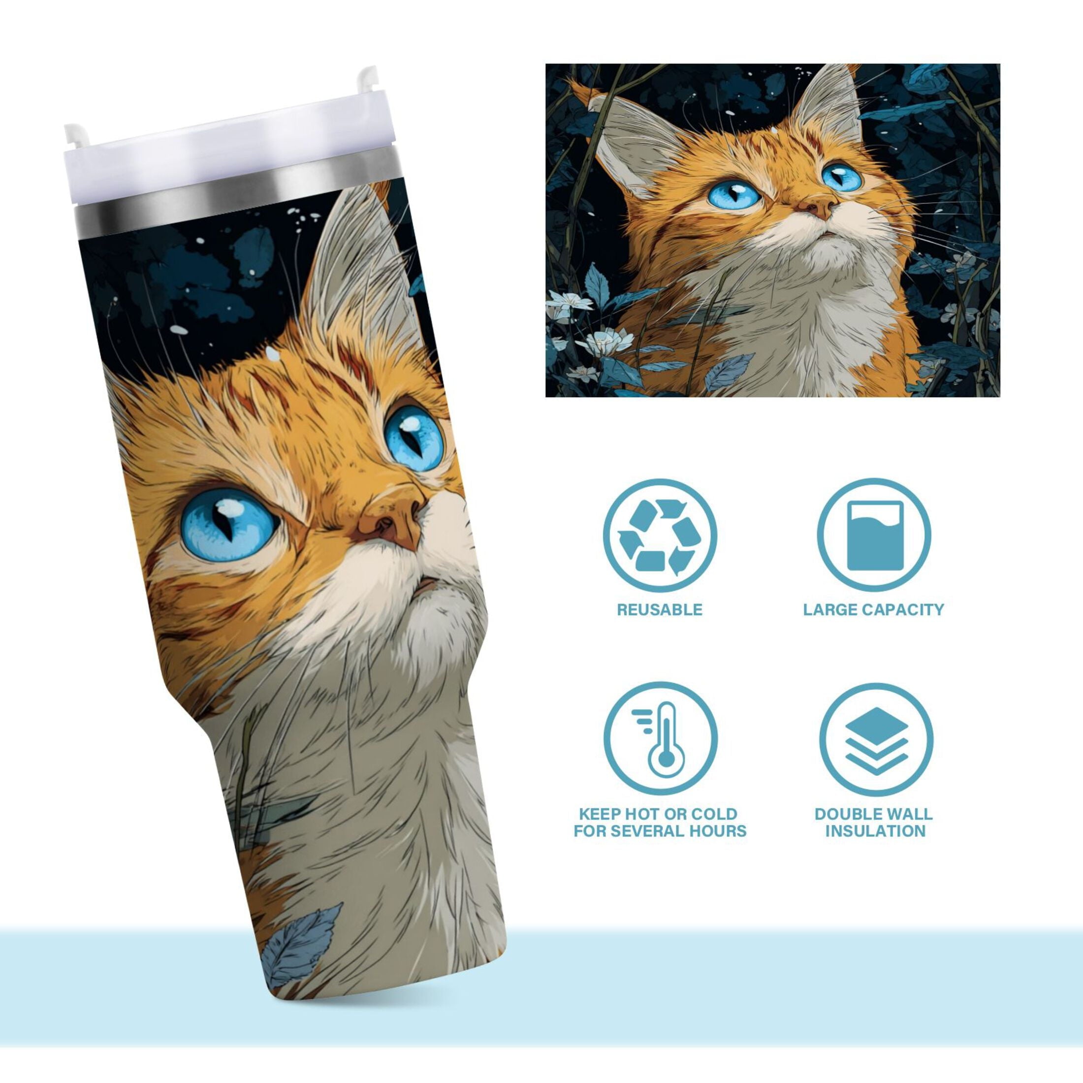 30 oz Insulated Stainless Steel Tumbler Double Wall Stainless Steel Tumbler with 2-Way Drinking Orange Cat with Blue Eyes M585E