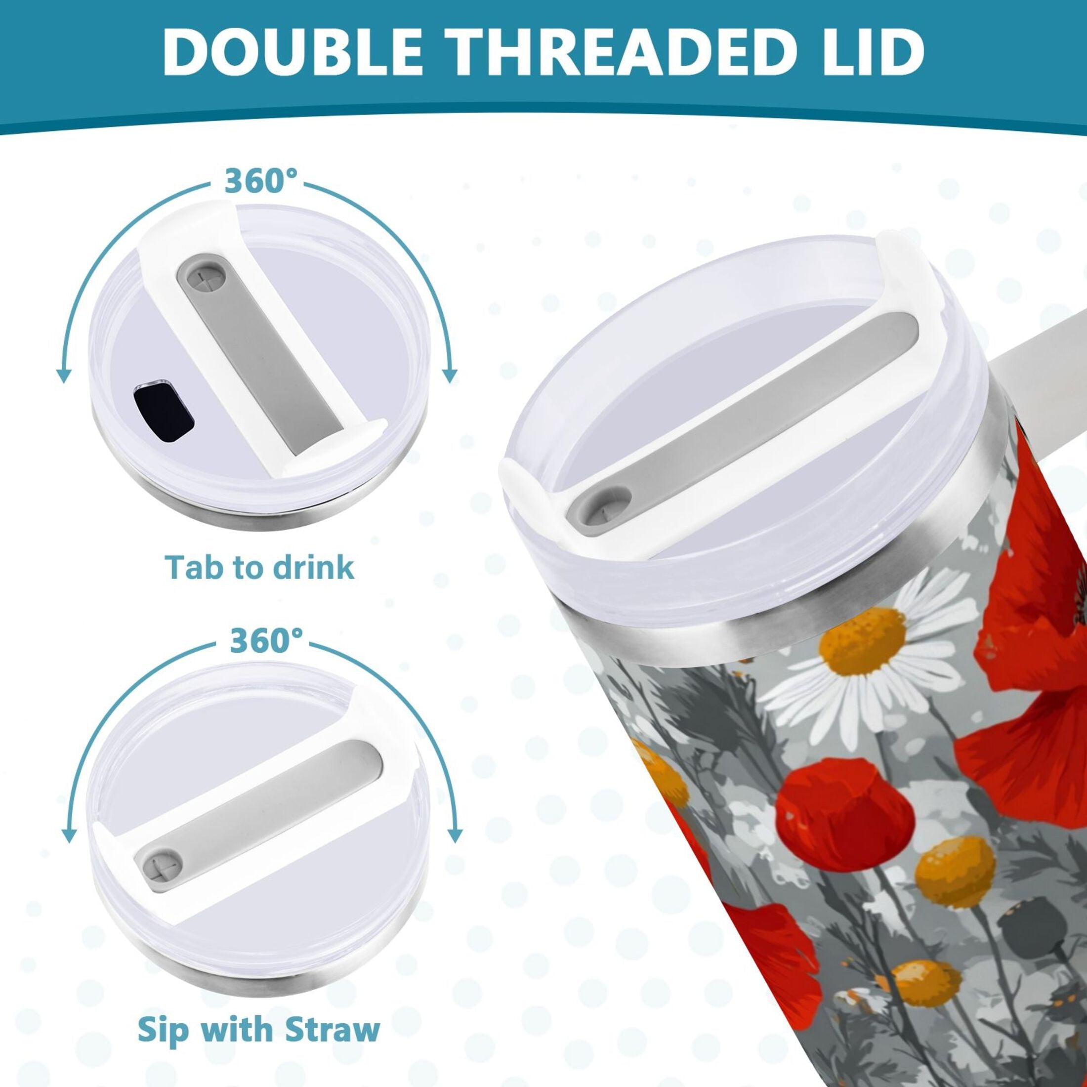 40 oz Insulated Stainless Steel Tumbler Double Wall Stainless Steel Tumbler with 2-Way Drinking Red Flowers and Daisies M498A
