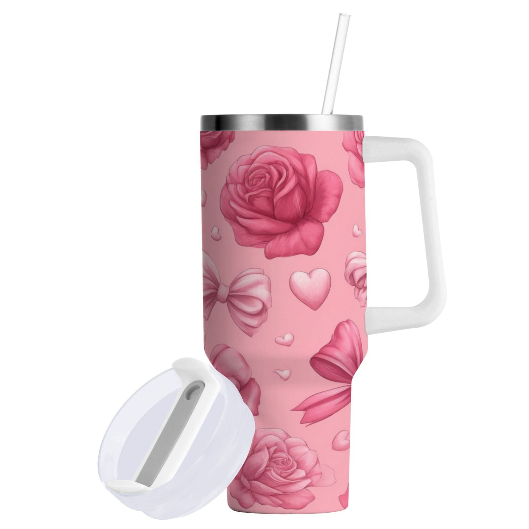 40 oz Insulated Stainless Steel Tumbler Double Wall Stainless Steel Tumbler with 2-Way Drinking Roses and Bows Pattern M661R