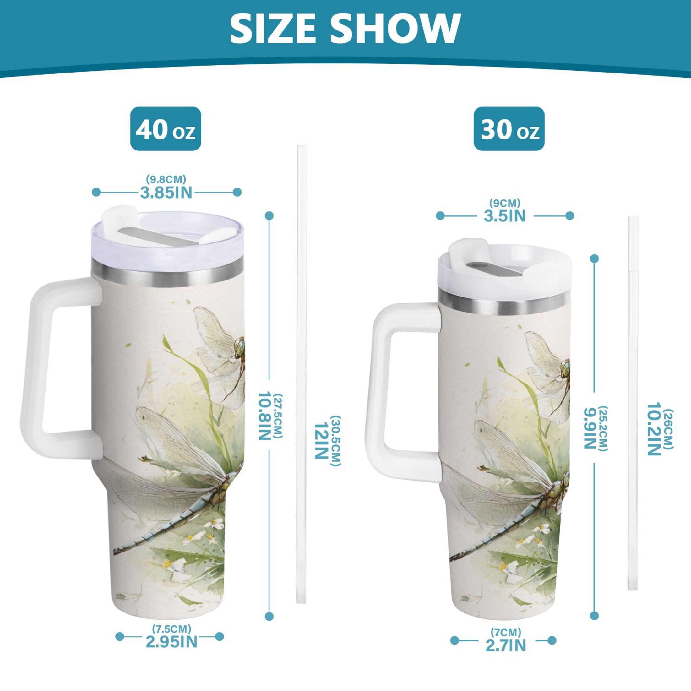 30 oz Insulated Stainless Steel Tumbler Double Wall Stainless Steel Tumbler with 2-Way Drinking Dragonflies with White Daisies M655H