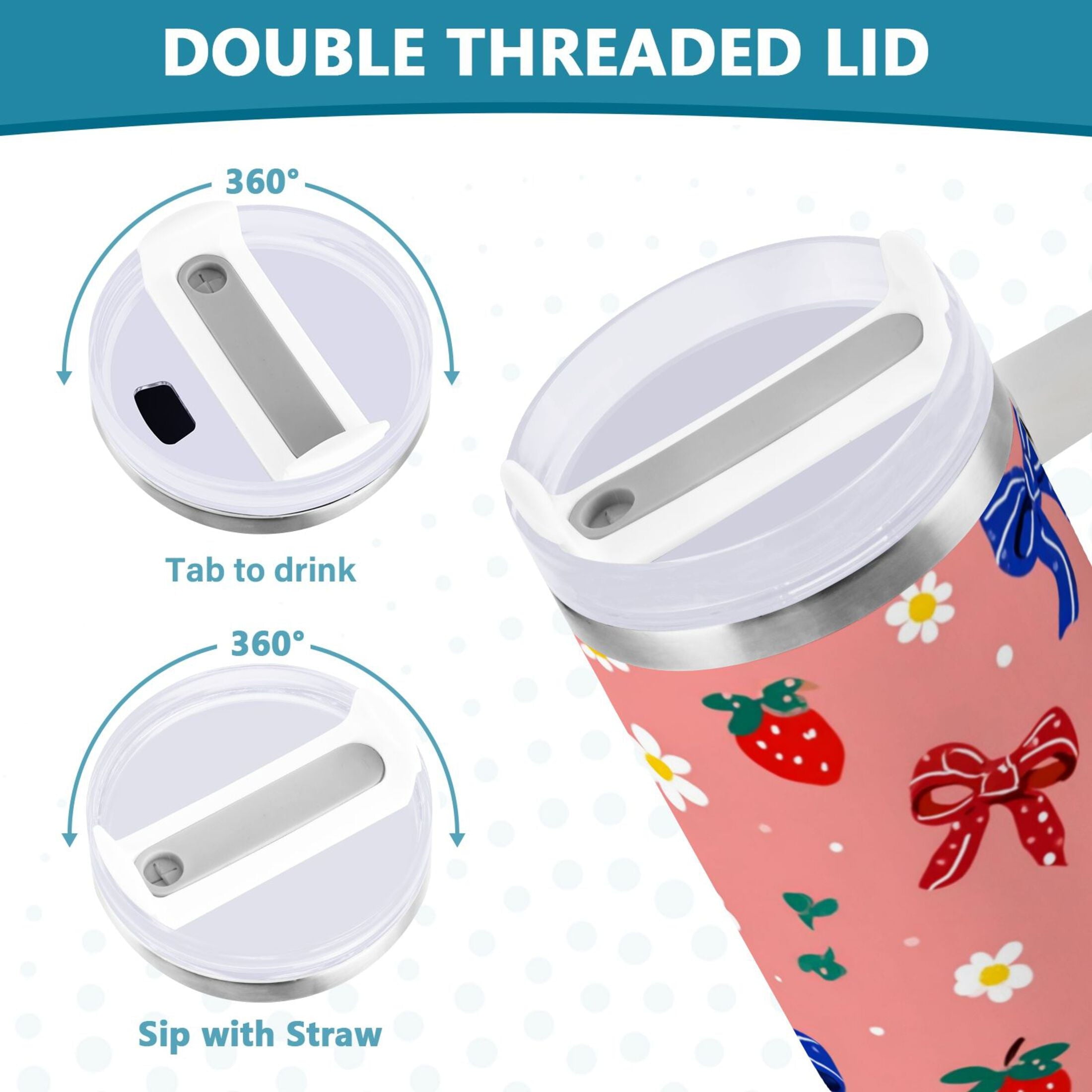 40 oz Insulated Stainless Steel Tumbler Double Wall Stainless Steel Tumbler with 2-Way Drinking Bows and Strawberries Pattern M511S