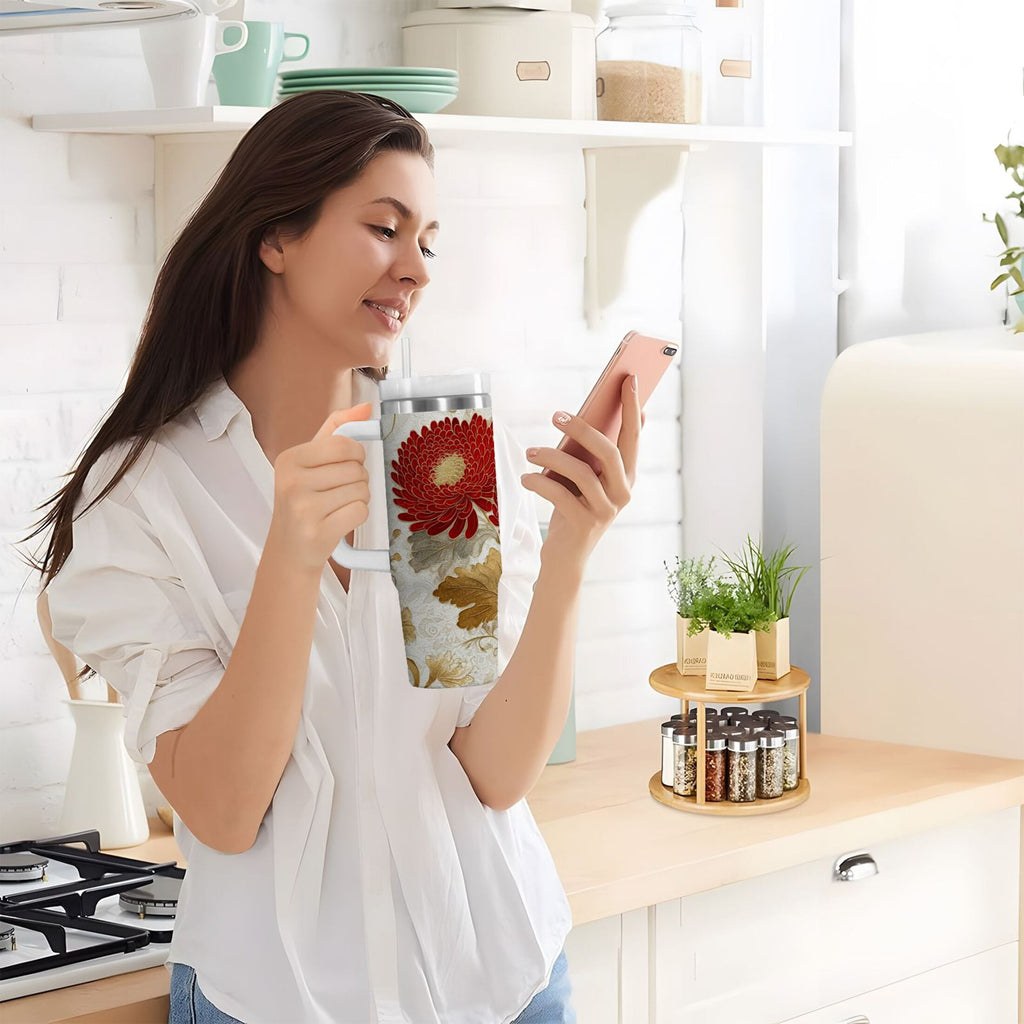 30 oz Insulated Stainless Steel Tumbler Double Wall Stainless Steel Tumbler with 2-Way Drinking Red Chrysanthemum Pattern M676U