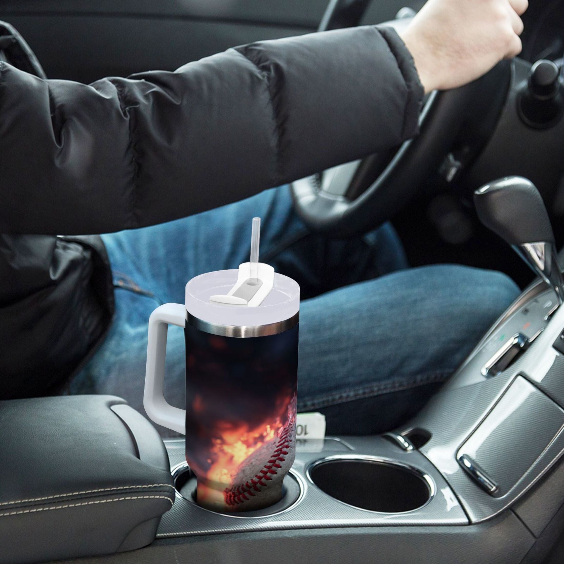 40 oz Insulated Stainless Steel Tumbler Double Wall Stainless Steel Tumbler with 2-Way Drinking Baseball with Water and Fire M680S
