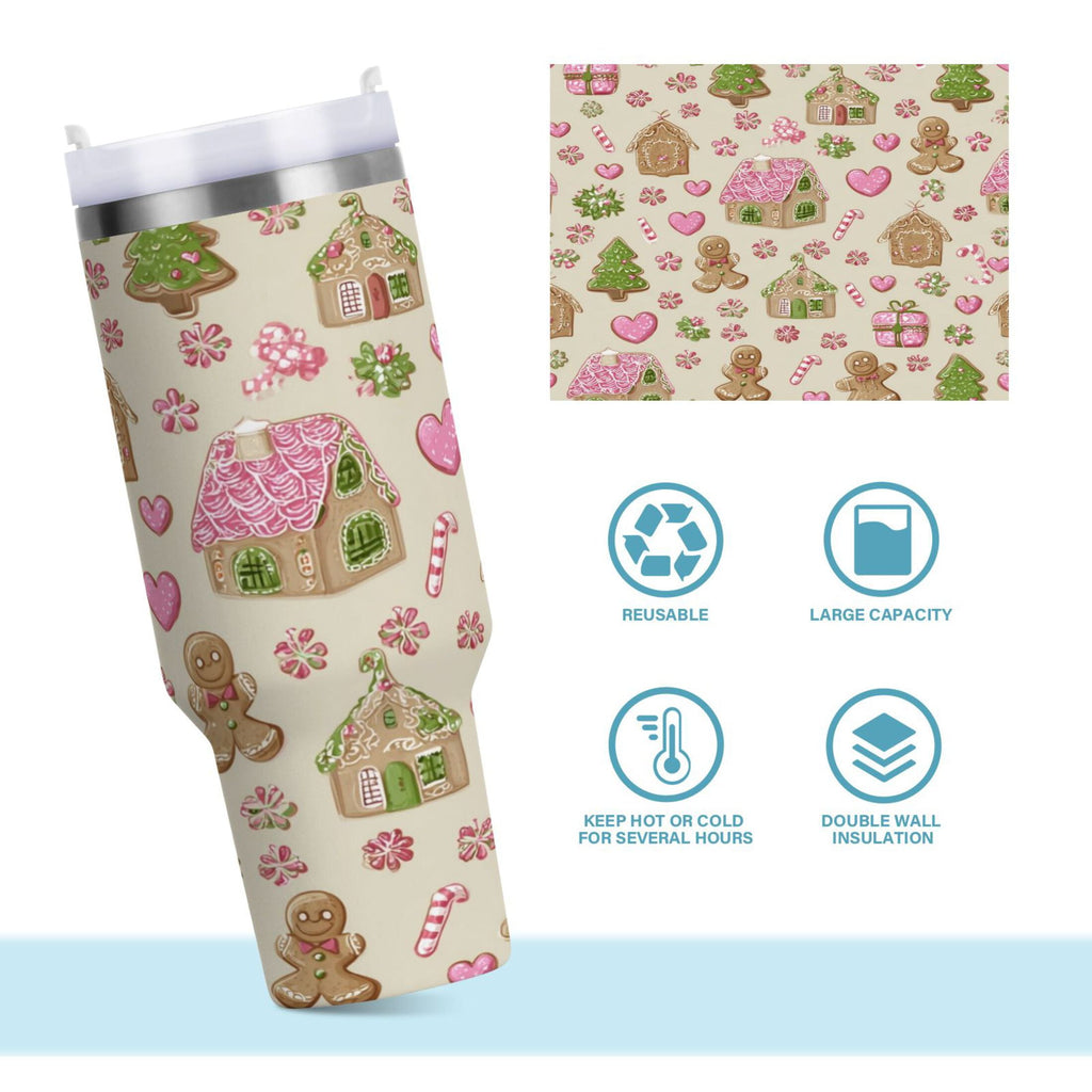40 oz Insulated Stainless Steel Tumbler Double Wall Stainless Steel Tumbler with 2-Way Drinking Pink Cute Christmas Pattern M564A