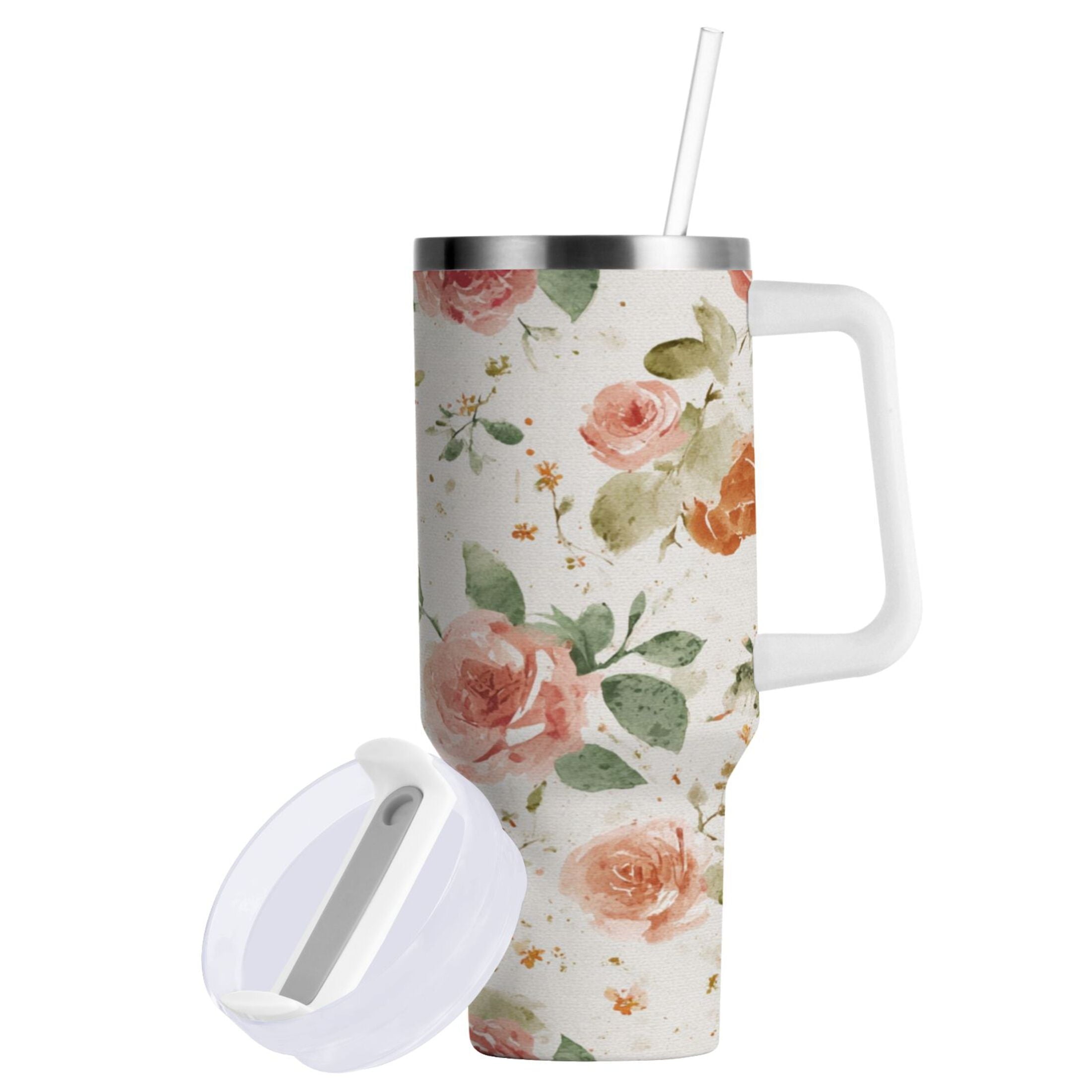 40 oz Insulated Stainless Steel Tumbler Double Wall Stainless Steel Tumbler with 2-Way Drinking Watercolor Rose Floral Pattern M499R