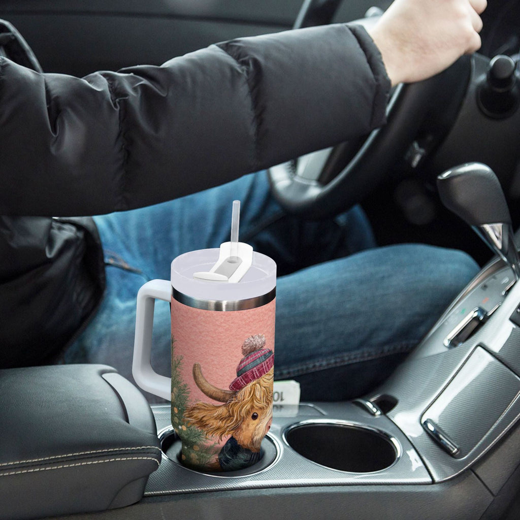 30 oz Insulated Stainless Steel Tumbler Double Wall Stainless Steel Tumbler with 2-Way Drinking Cow Wearing Scarf and Hat M663H