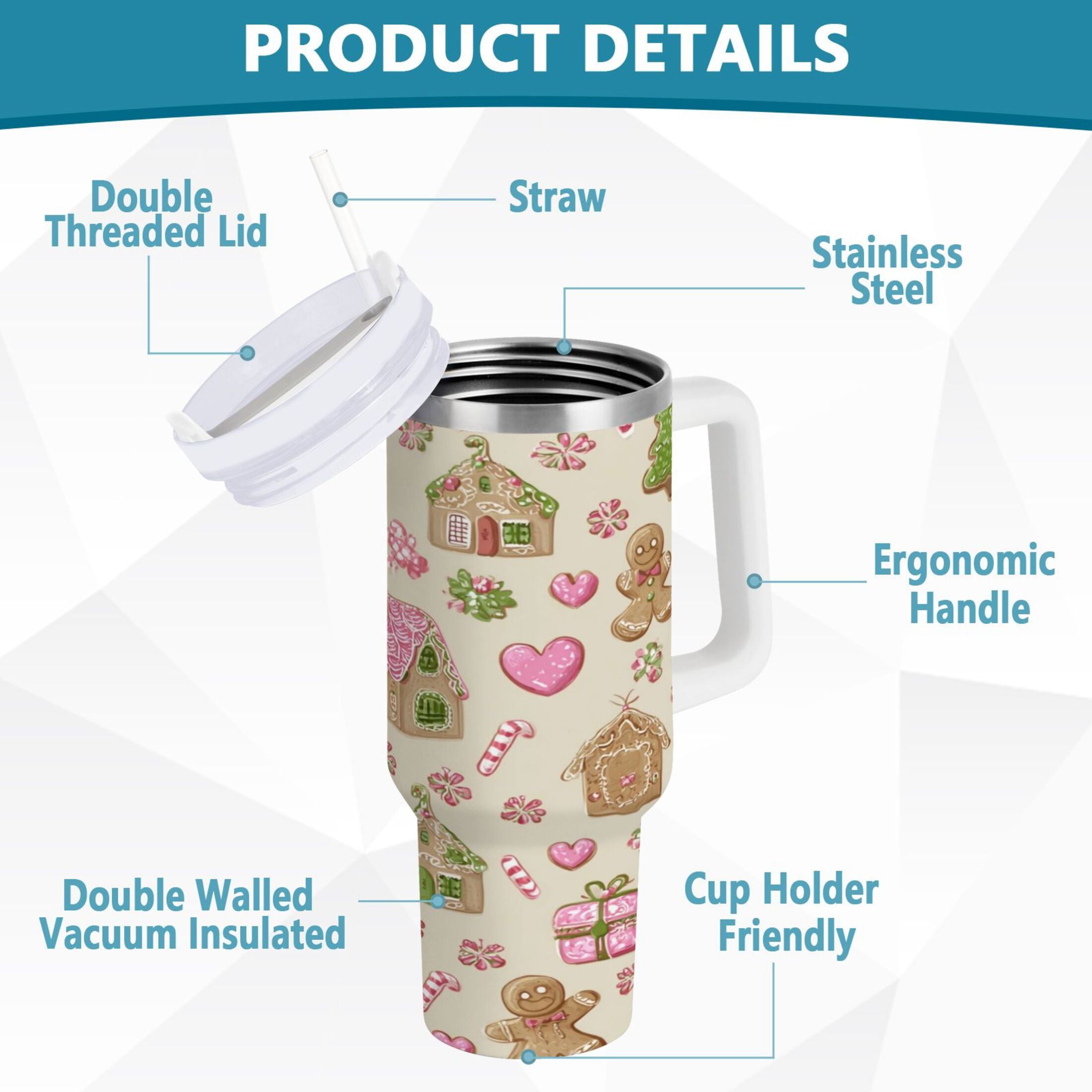 40 oz Insulated Stainless Steel Tumbler Double Wall Stainless Steel Tumbler with 2-Way Drinking Pink Cute Christmas Pattern M564A