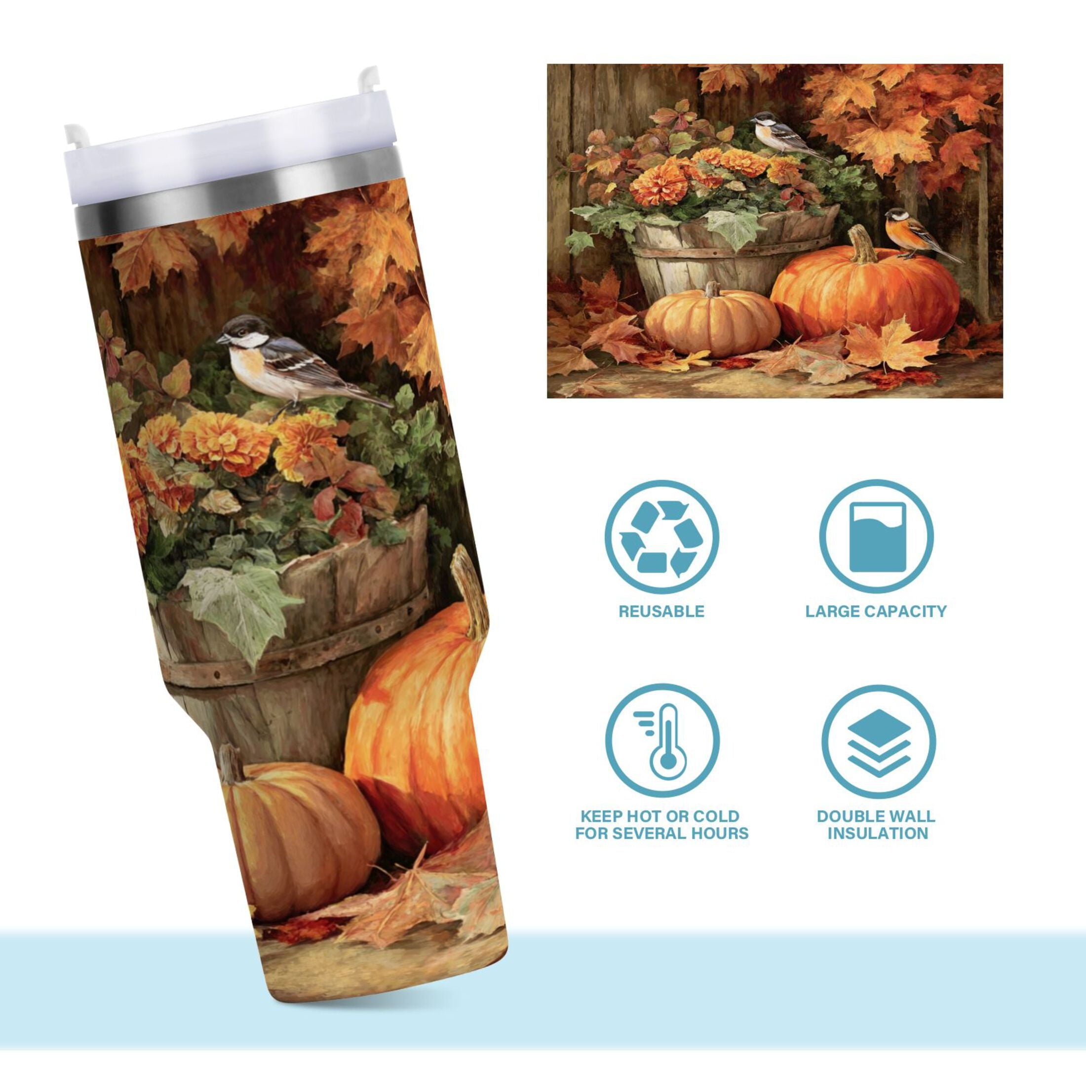 30 oz Insulated Stainless Steel Tumbler Double Wall Stainless Steel Tumbler with 2-Way Drinking Beautiful Fall Scene M610C