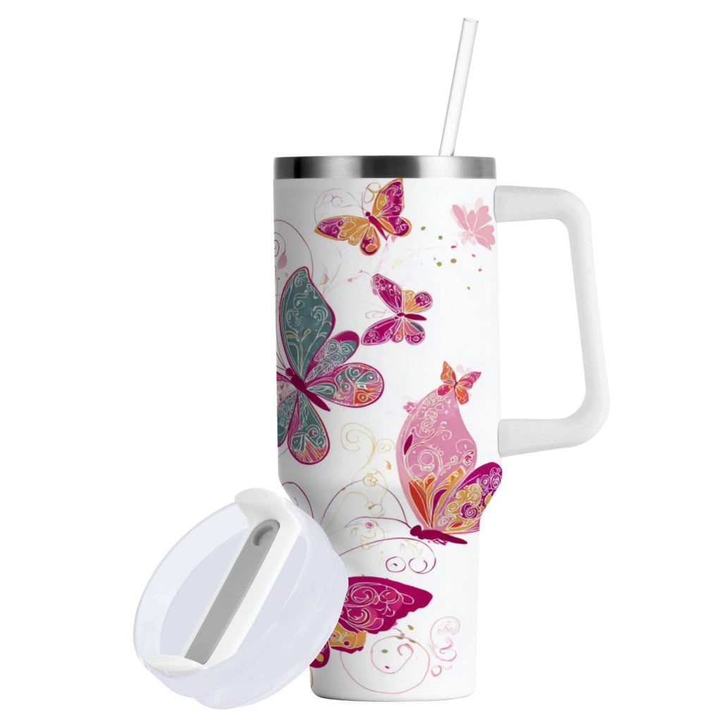 30 oz Insulated Stainless Steel Tumbler Double Wall Stainless Steel Tumbler with 2-Way Drinking Colorful Butterflies M605A