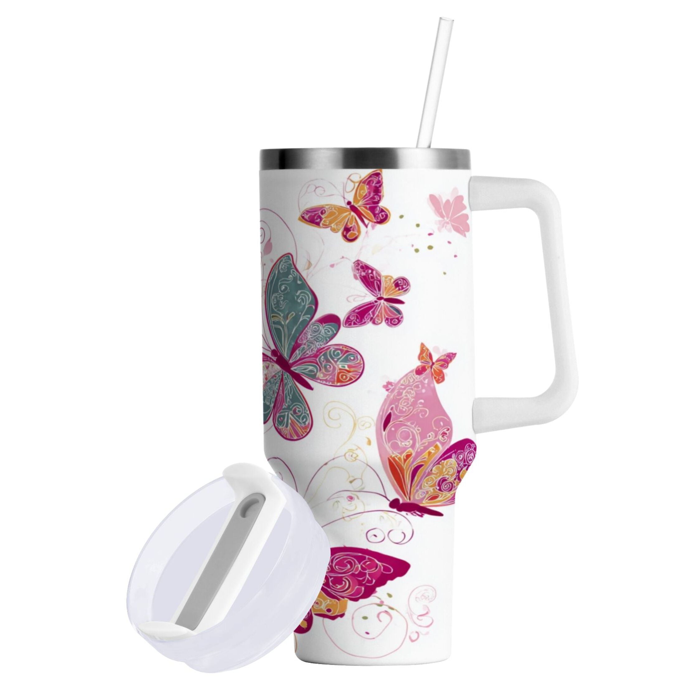 30 oz Insulated Stainless Steel Tumbler Double Wall Stainless Steel Tumbler with 2-Way Drinking Colorful Butterflies M605A