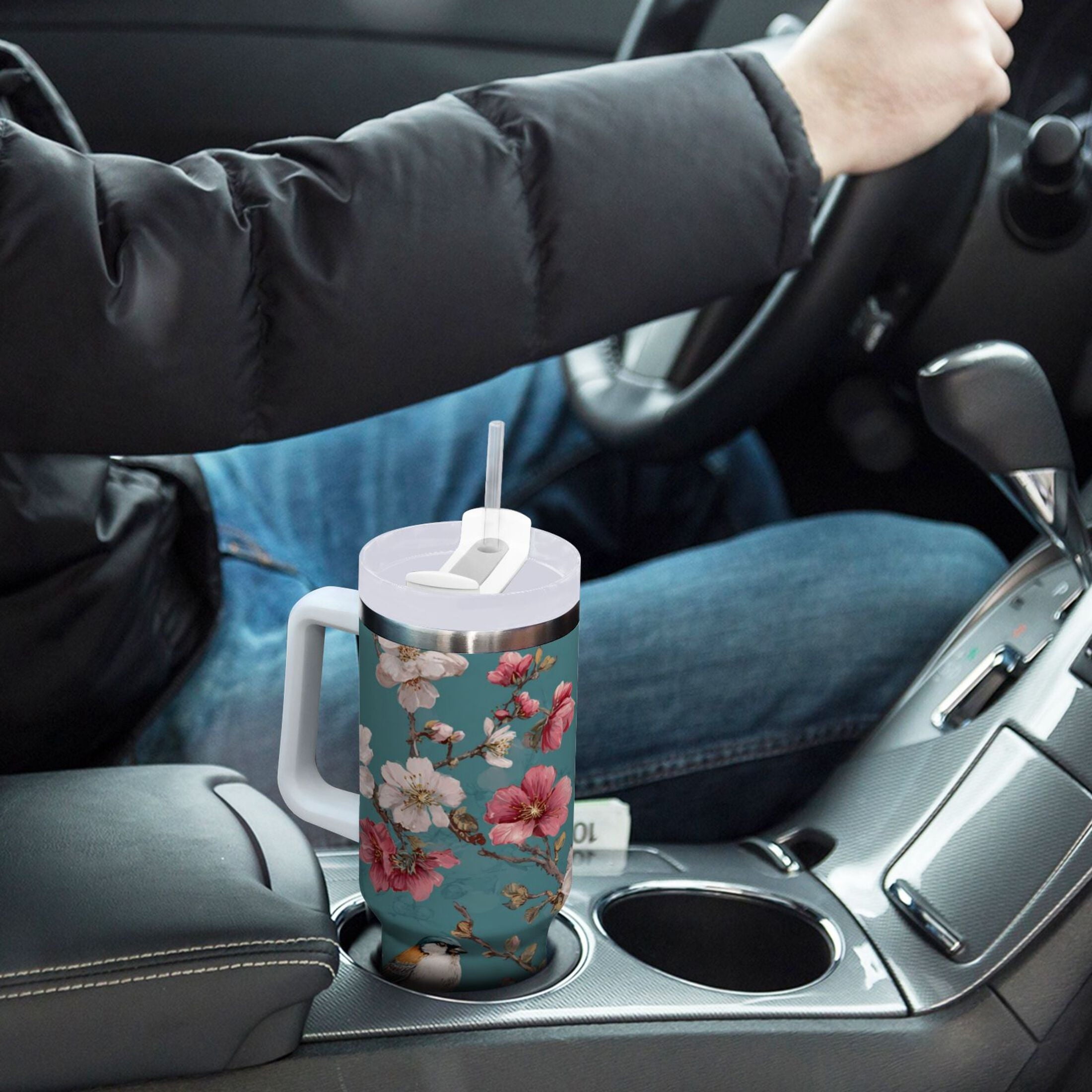 30 oz Insulated Stainless Steel Tumbler Double Wall Stainless Steel Tumbler with 2-Way Drinking Birds and Cherry Pattern M537X