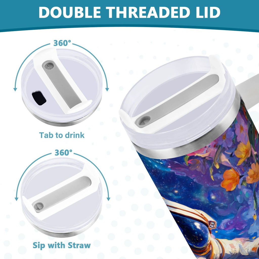 40 oz Insulated Stainless Steel Tumbler Double Wall Stainless Steel Tumbler with 2-Way Drinking Astronaut and Colorful Flowers M562S