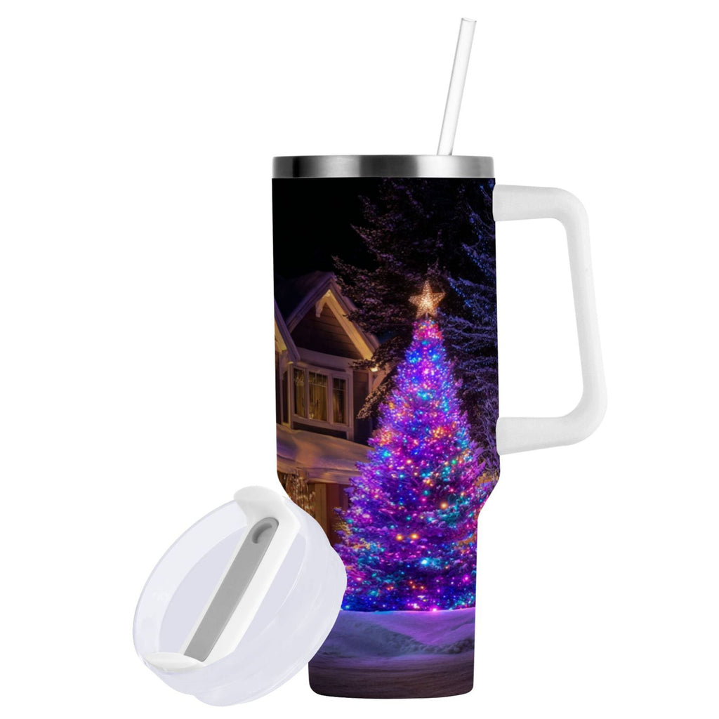 40 oz Insulated Stainless Steel Tumbler Double Wall Stainless Steel Tumbler with 2-Way Drinking Christmas Trees with Lights M664M