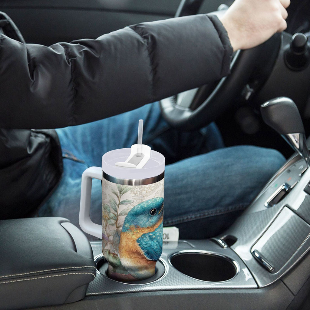 30 oz Insulated Stainless Steel Tumbler Double Wall Stainless Steel Tumbler with 2-Way Drinking Bluebird and Flower M538S