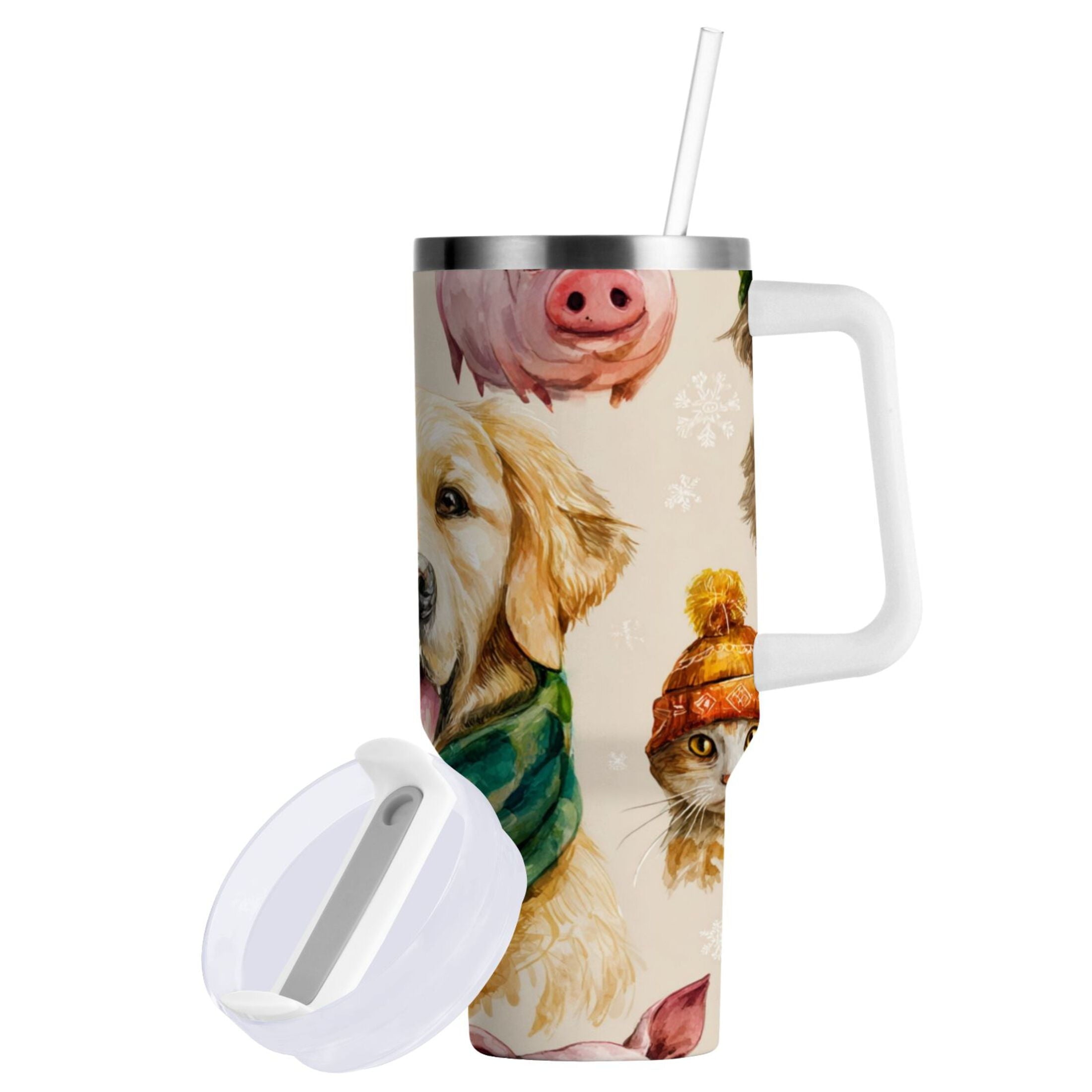 30 oz Insulated Stainless Steel Tumbler Double Wall Stainless Steel Tumbler with 2-Way Drinking Watercolor Animals Pattern M618F