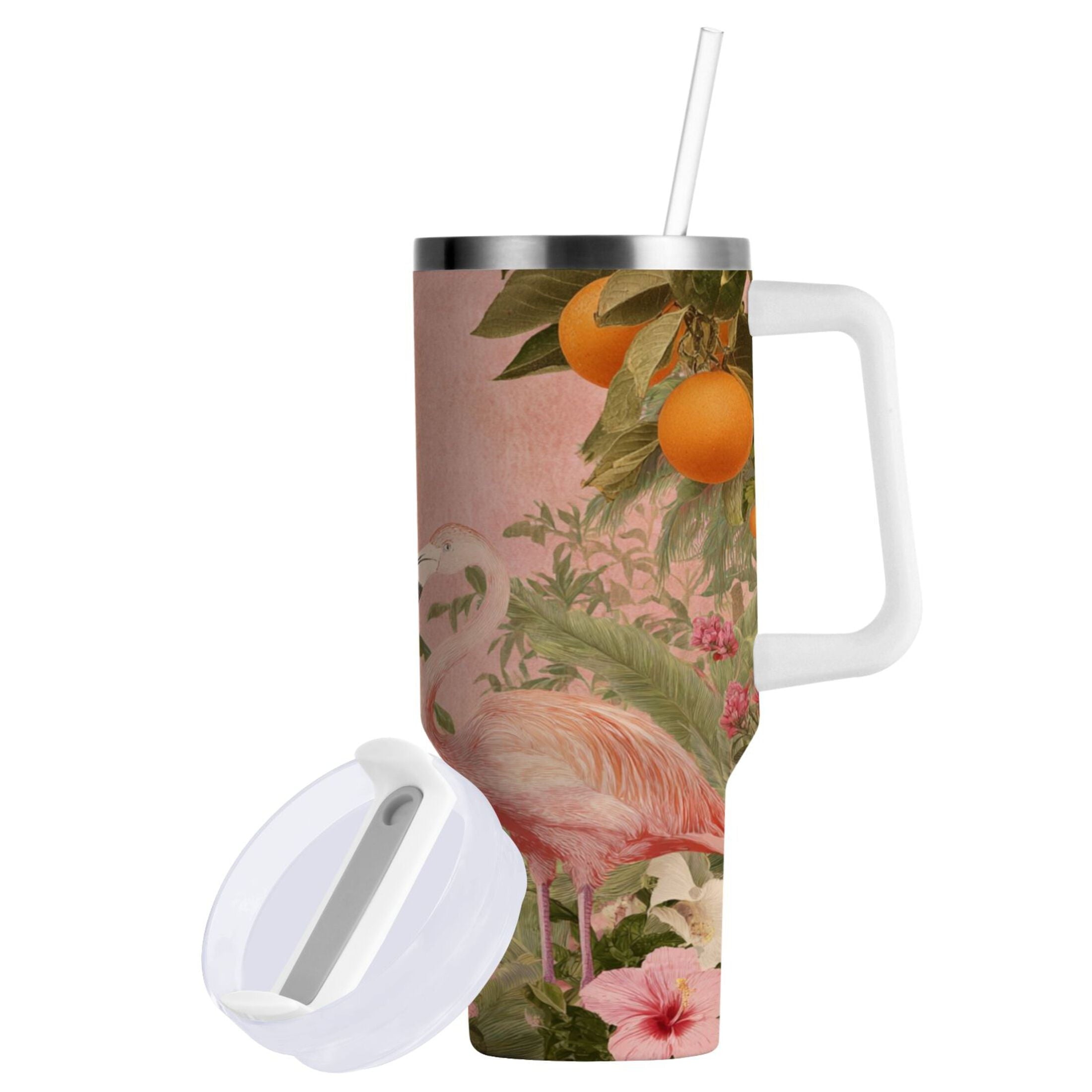 40 oz Insulated Stainless Steel Tumbler Double Wall Stainless Steel Tumbler with 2-Way Drinking Flamingos in Tropical Garden M666D