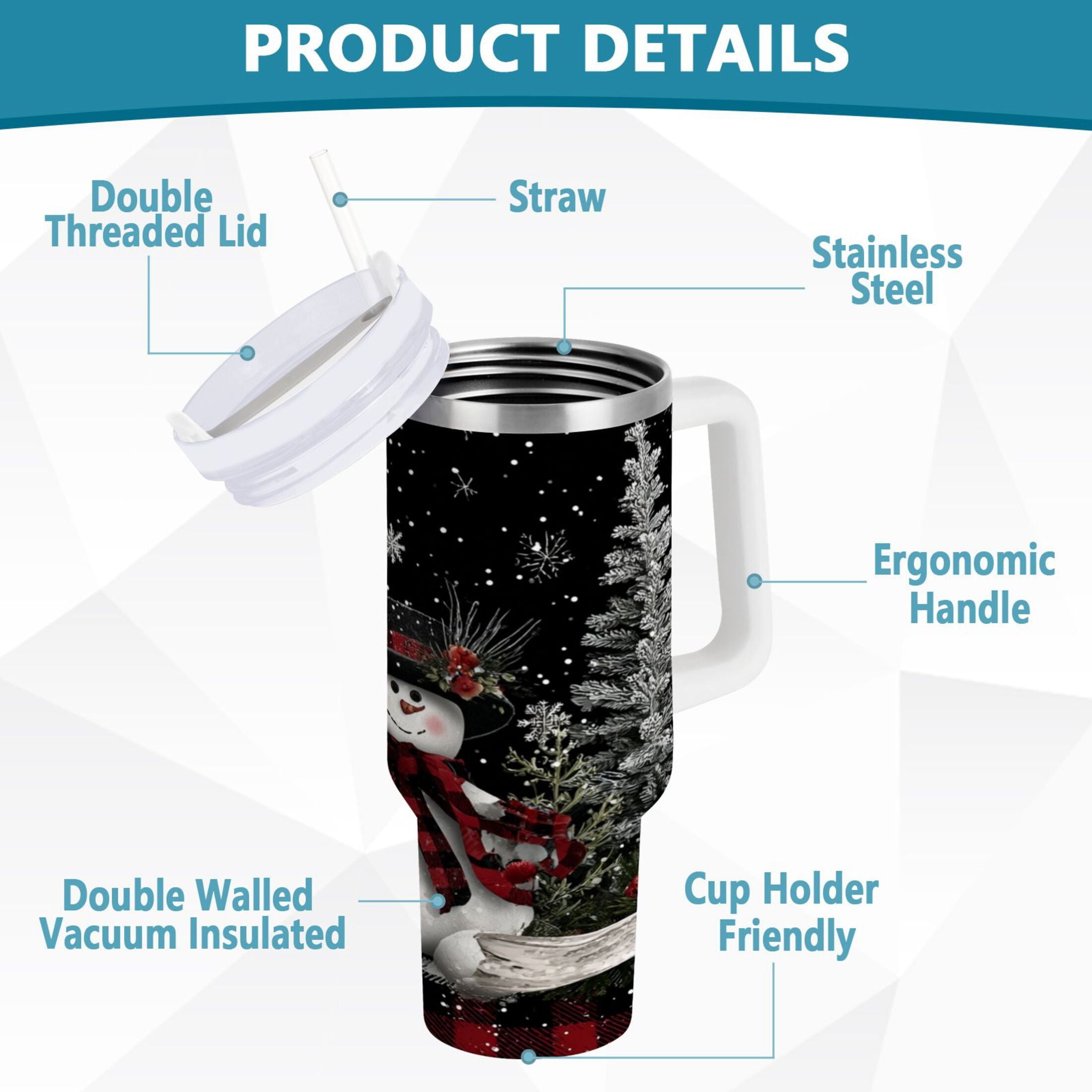 30 oz Insulated Stainless Steel Tumbler Double Wall Stainless Steel Tumbler with 2-Way Drinking Christmas Snowman M583H