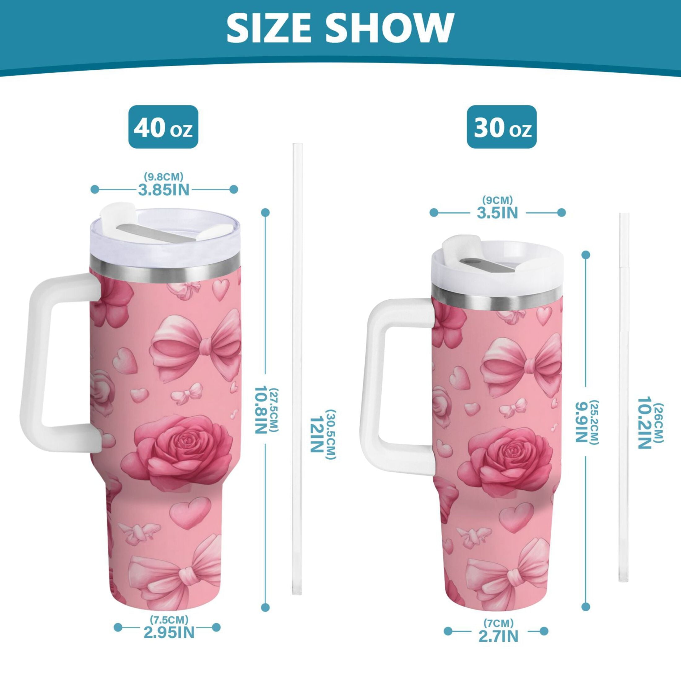 40 oz Insulated Stainless Steel Tumbler Double Wall Stainless Steel Tumbler with 2-Way Drinking Roses and Bows Pattern M661R