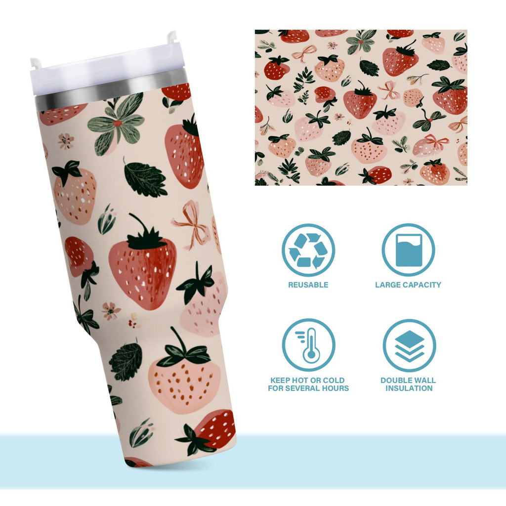 30 oz Insulated Stainless Steel Tumbler Double Wall Stainless Steel Tumbler with 2-Way Drinking Cute Pinks Strawberries M596G