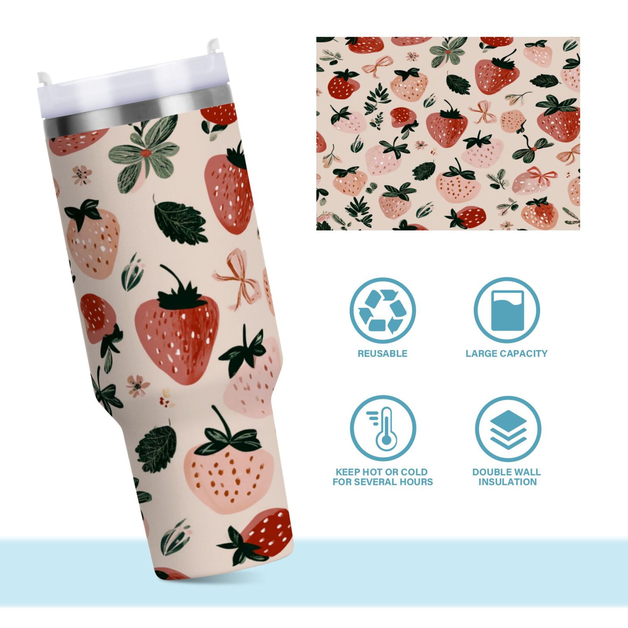 30 oz Insulated Stainless Steel Tumbler Double Wall Stainless Steel Tumbler with 2-Way Drinking Cute Pinks Strawberries M596G