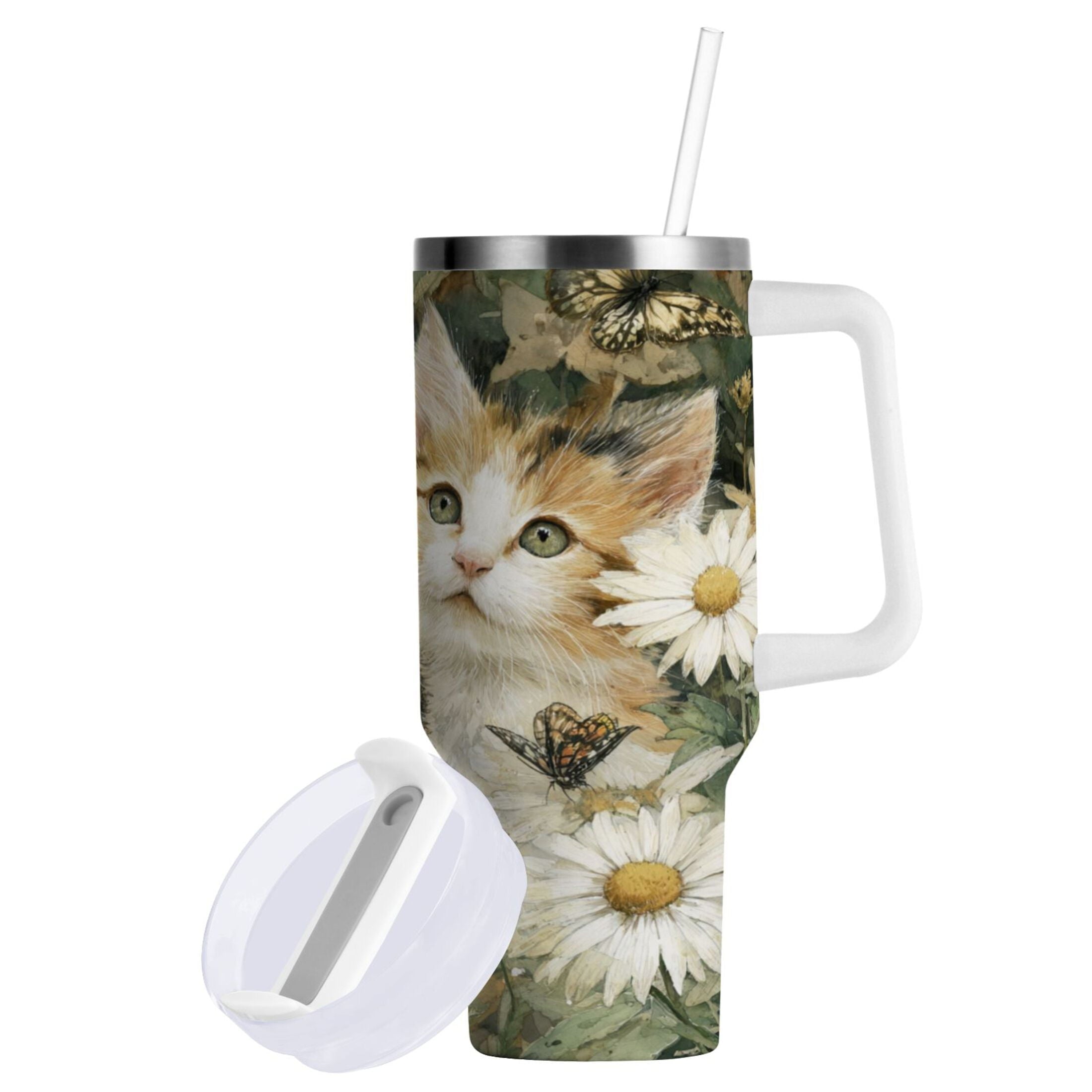 30 oz Insulated Stainless Steel Tumbler Double Wall Stainless Steel Tumbler with 2-Way Drinking Adorable Cats and Daisies M602F