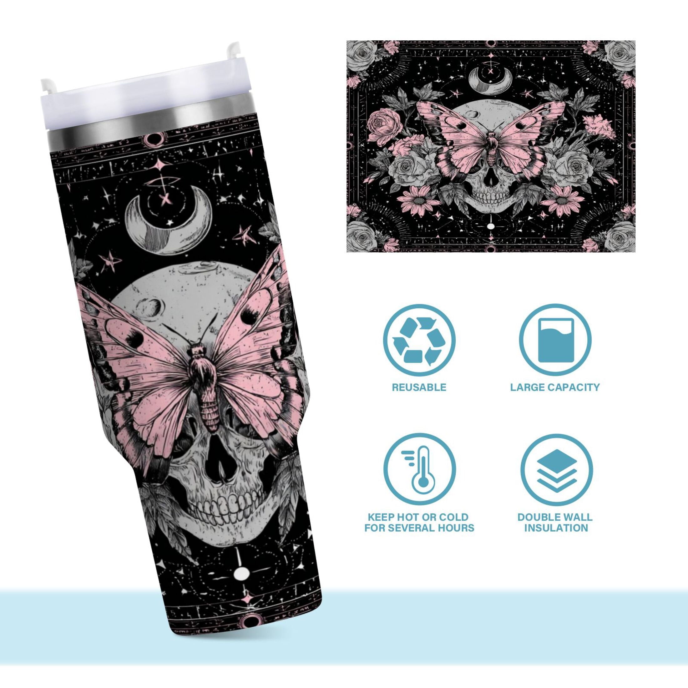 30 oz Insulated Stainless Steel Tumbler Double Wall Stainless Steel Tumbler with 2-Way Drinking Butterfly by Moon and Flowers M542E