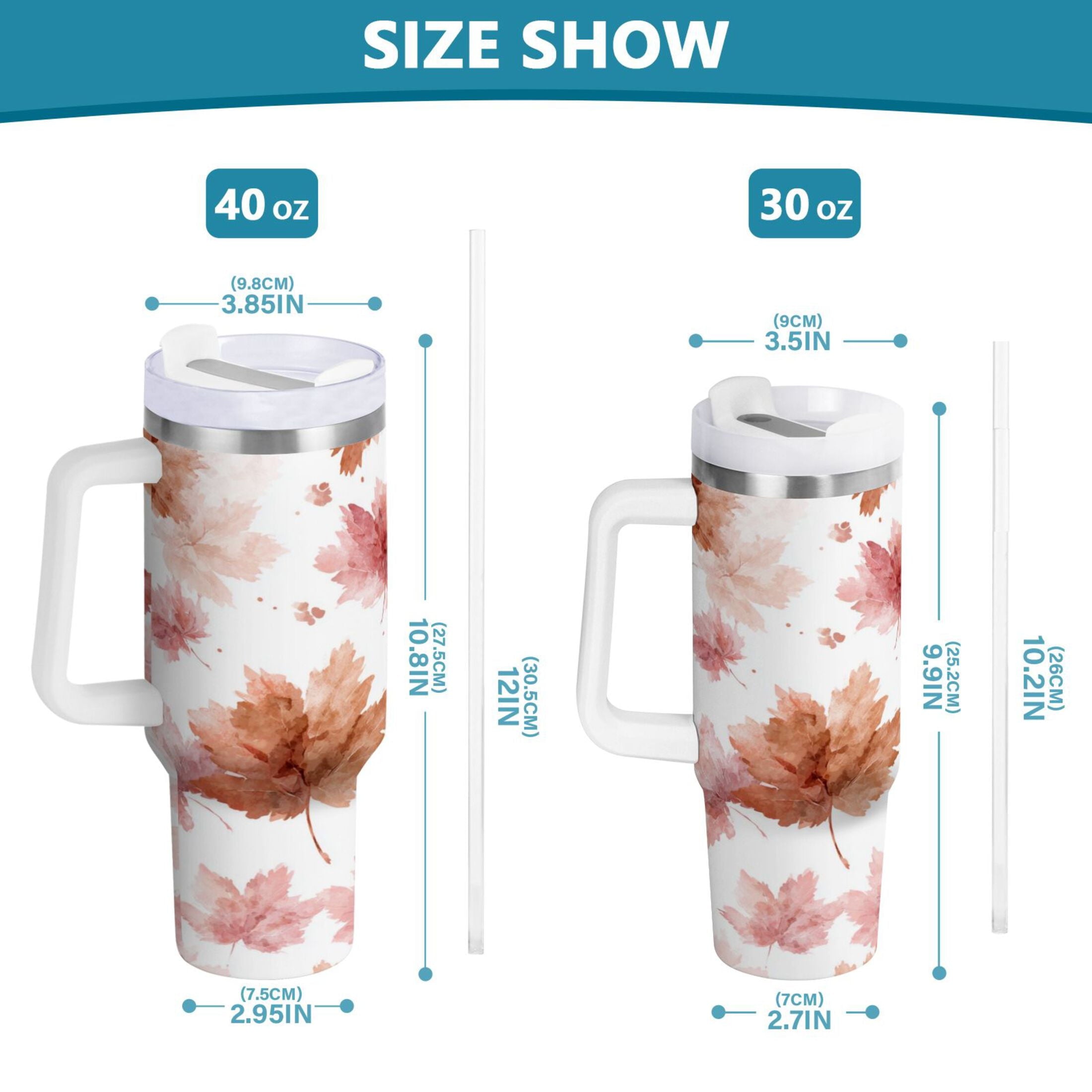 30 oz Insulated Stainless Steel Tumbler Double Wall Stainless Steel Tumbler with 2-Way Drinking Watercolor Pink Maple Leaves M624A