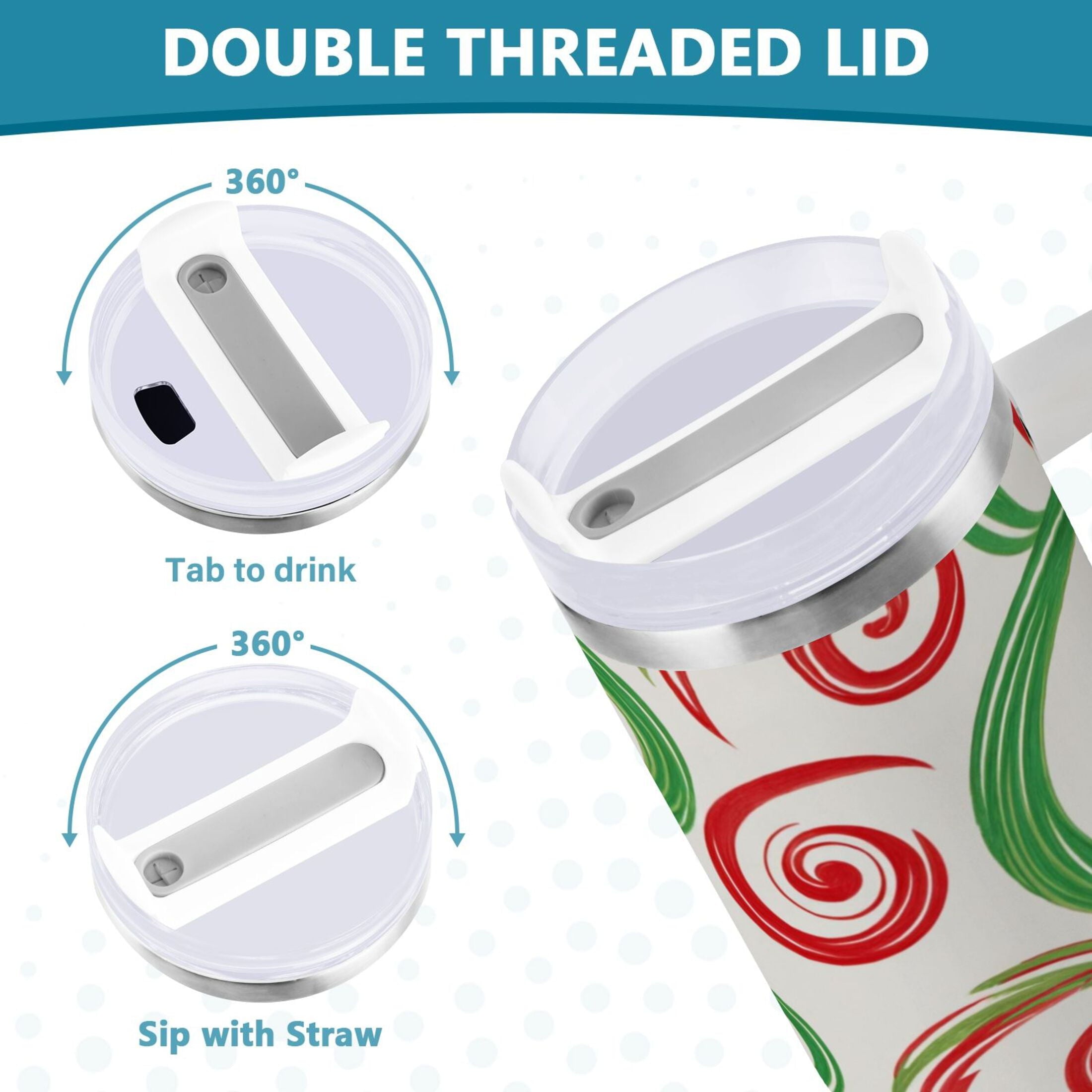 40 oz Insulated Stainless Steel Tumbler Double Wall Stainless Steel Tumbler with 2-Way Drinking Red and Green Swirls M539V