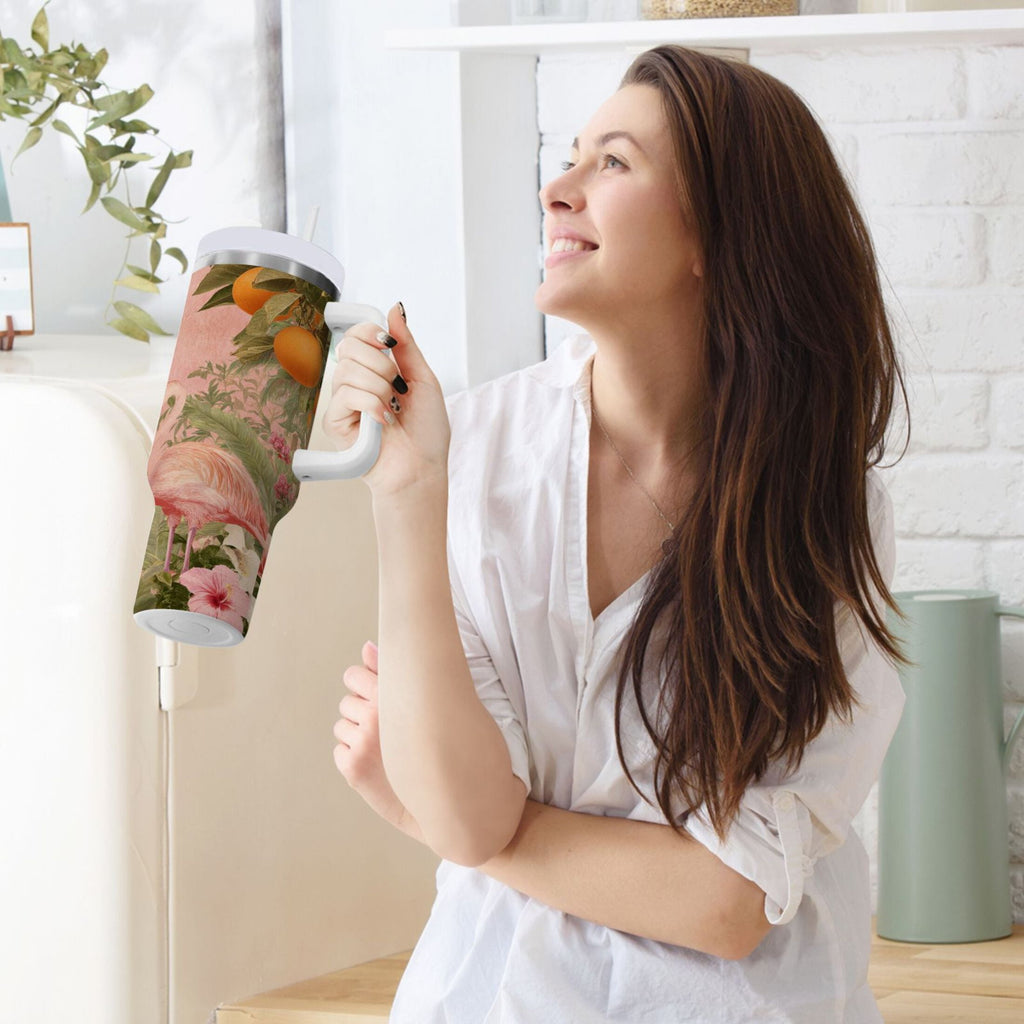 40 oz Insulated Stainless Steel Tumbler Double Wall Stainless Steel Tumbler with 2-Way Drinking Flamingos in Tropical Garden M666D