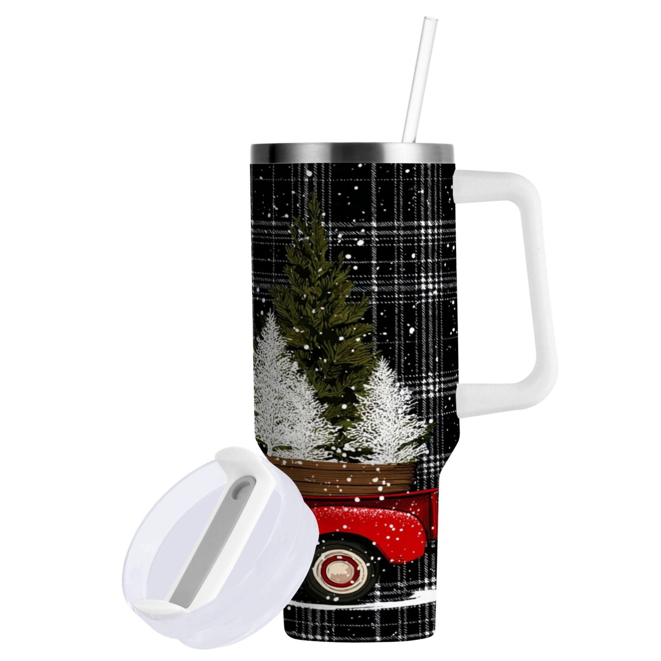 40 oz Insulated Stainless Steel Tumbler Double Wall Stainless Steel Tumbler with 2-Way Drinking Red Truck with Christmas Tree M669K