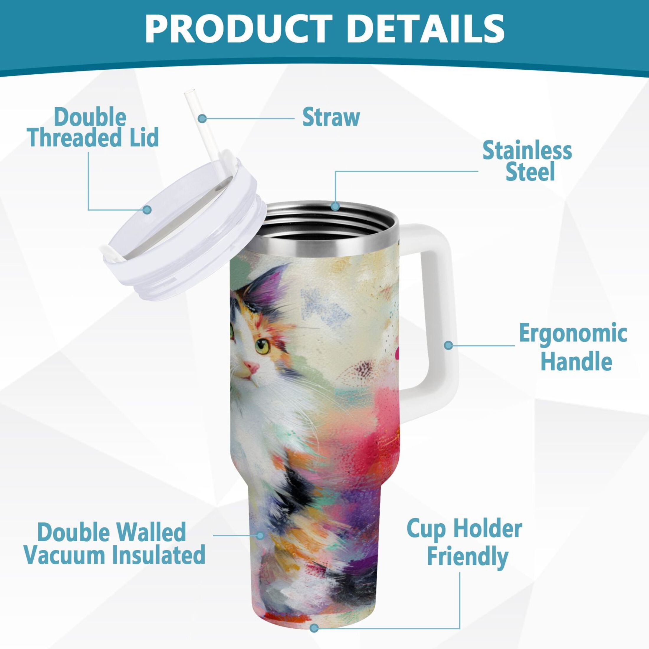 30 oz Insulated Stainless Steel Tumbler Double Wall Stainless Steel Tumbler with 2-Way Drinking Charming Hairy Cat M672P