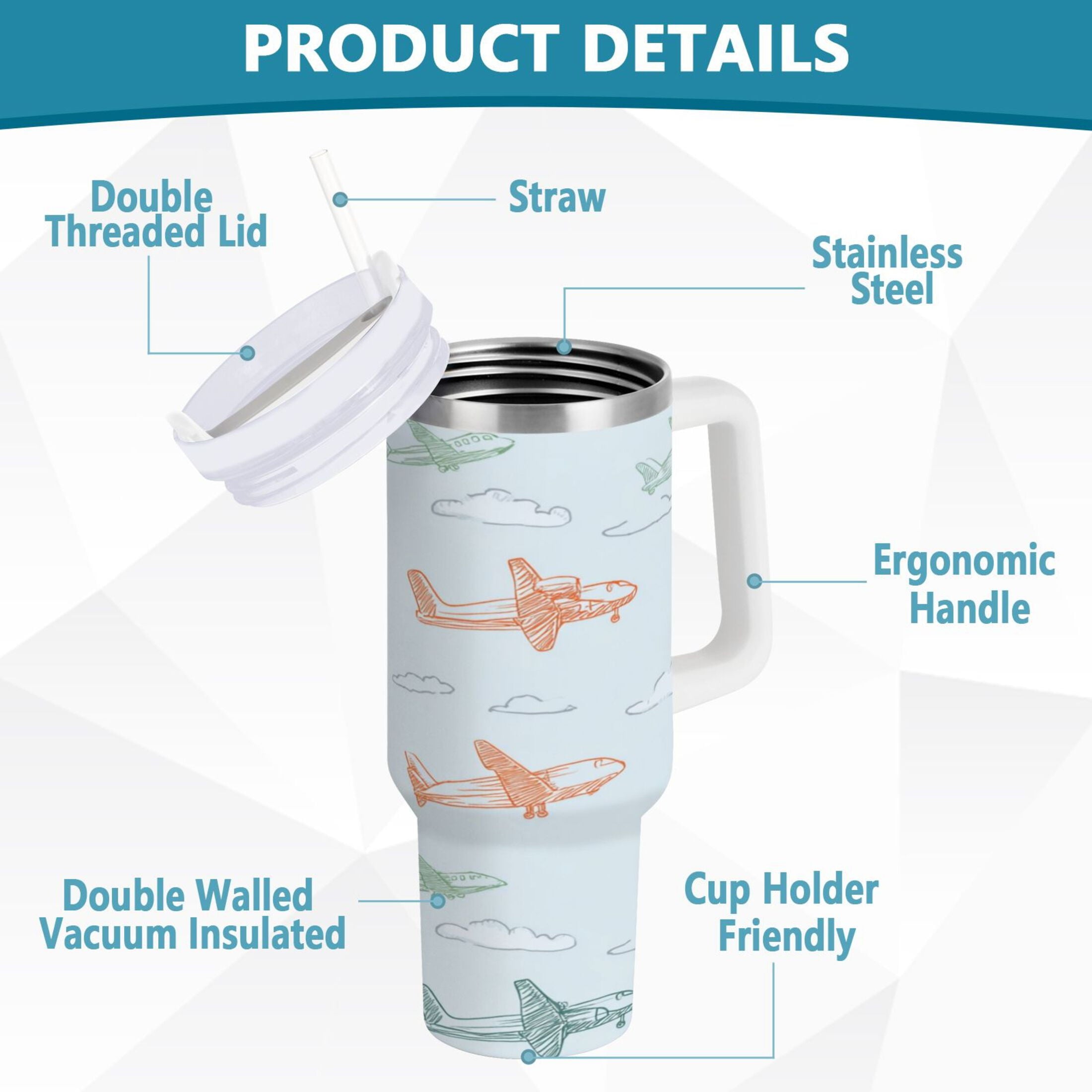 30 oz Insulated Stainless Steel Tumbler Double Wall Stainless Steel Tumbler with 2-Way Drinking Pastel Doodle Airplanes M593S