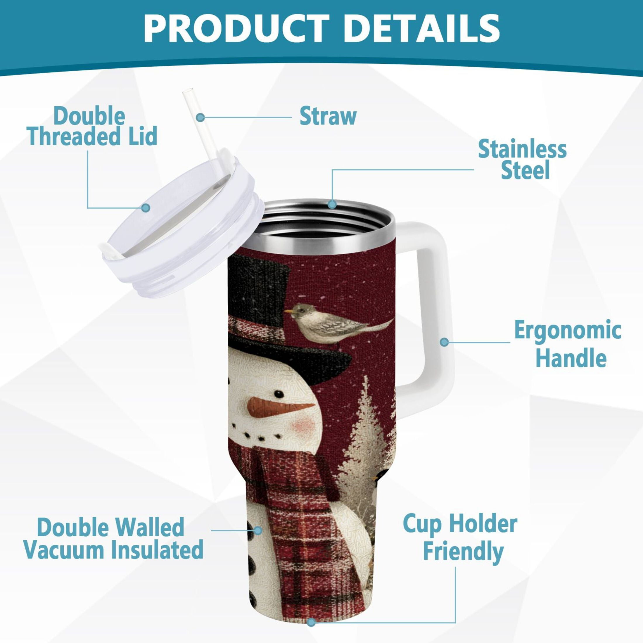 30 oz Insulated Stainless Steel Tumbler Double Wall Stainless Steel Tumbler with 2-Way Drinking Snowman and Birds M637Q